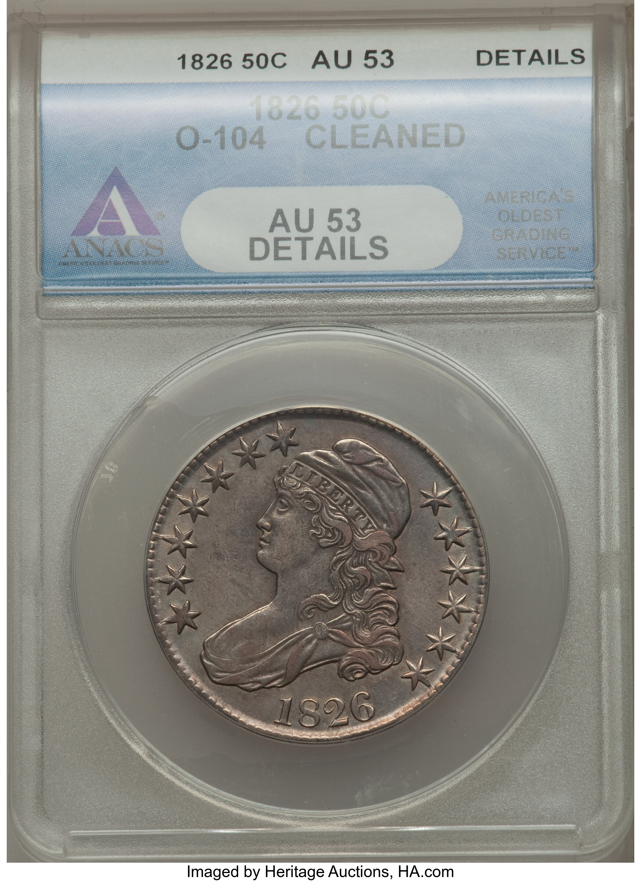 image for: 1826 50C O-104, R.3, -- Cleaned -- ANACS. AU53 Details. NGC Census: (0/0). PCGS Population (0/0). Mintage: 4,000,000. ...