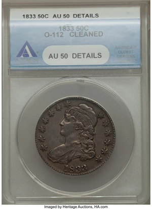 image for: 1833 50C O-112, R.2, -- Cleaned -- ANACS. AU50 Details. NGC Census: (3/19). PCGS Population (0/8). Mintage: 5,206,000. ...