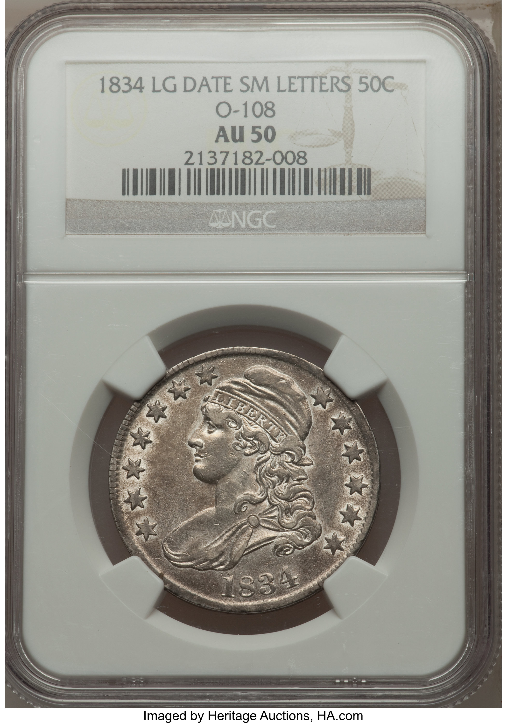 image for: 1834 50C Large Date, Small Letters, O-108, R.2, AU50 NGC. NGC Census: (0/0). PCGS Population (1/3).  ...