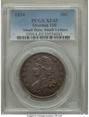 image for: 1834 50C Small Date, Small Letters, O-110, R.3, XF45 PCGS. PCGS Population (2/2). NGC Census: (0/0). ...
