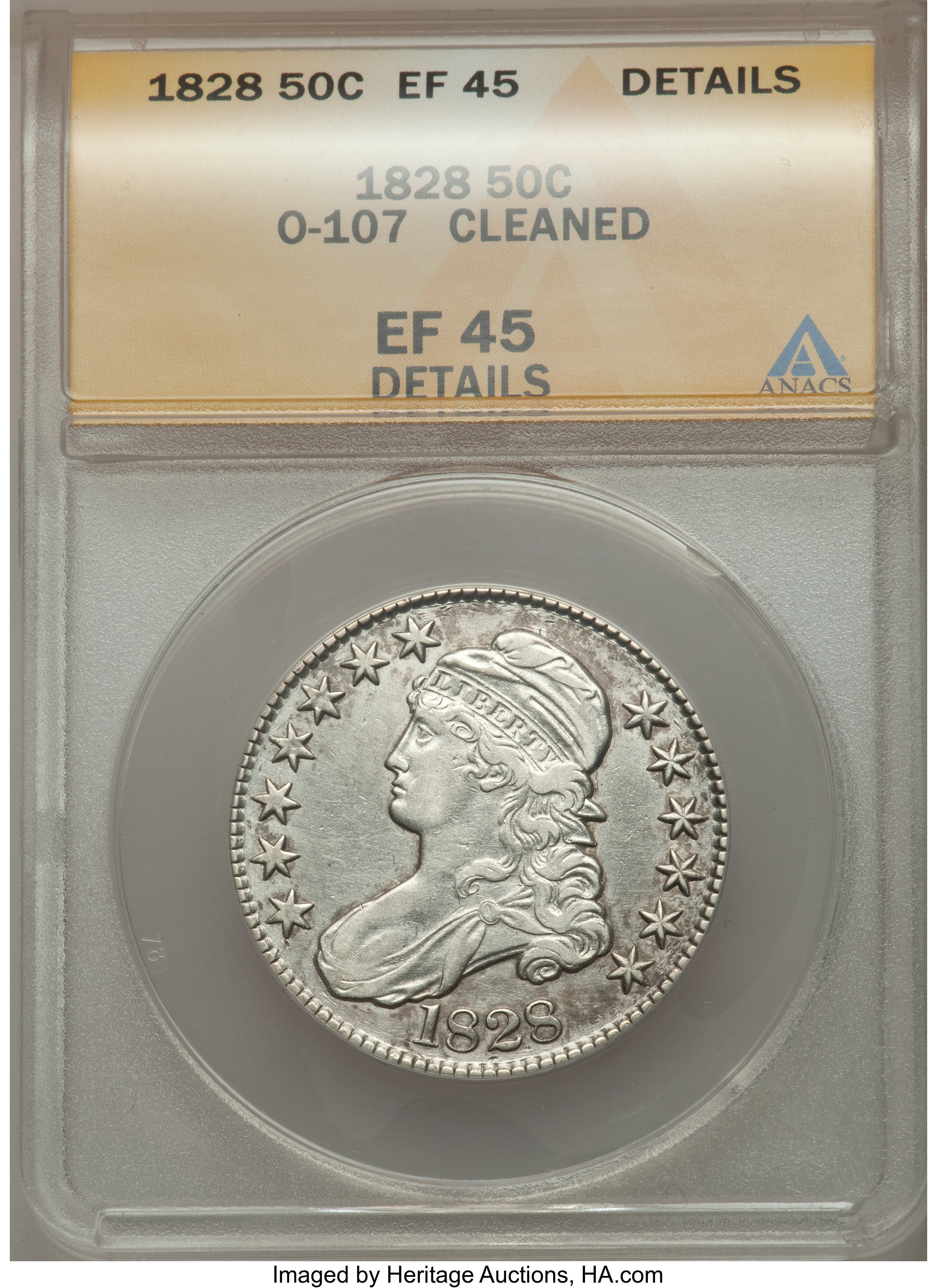 image for: 1828 50C Curl Base 2, Knob, O-107, R.2, -- Cleaned -- ANACS. XF45 Details. NGC Census: (0/0). PCGS Population (1/12)....