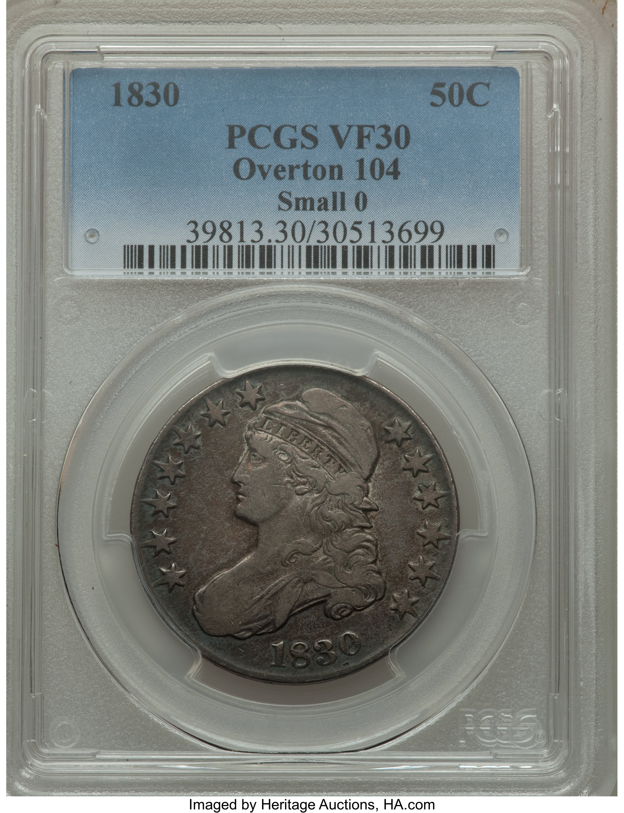 image for: 1830 50C Small 0, O-104, R.3, VF30 PCGS. PCGS Population (1/7). NGC Census: (1/22). Mintage: 4,764,800. ...