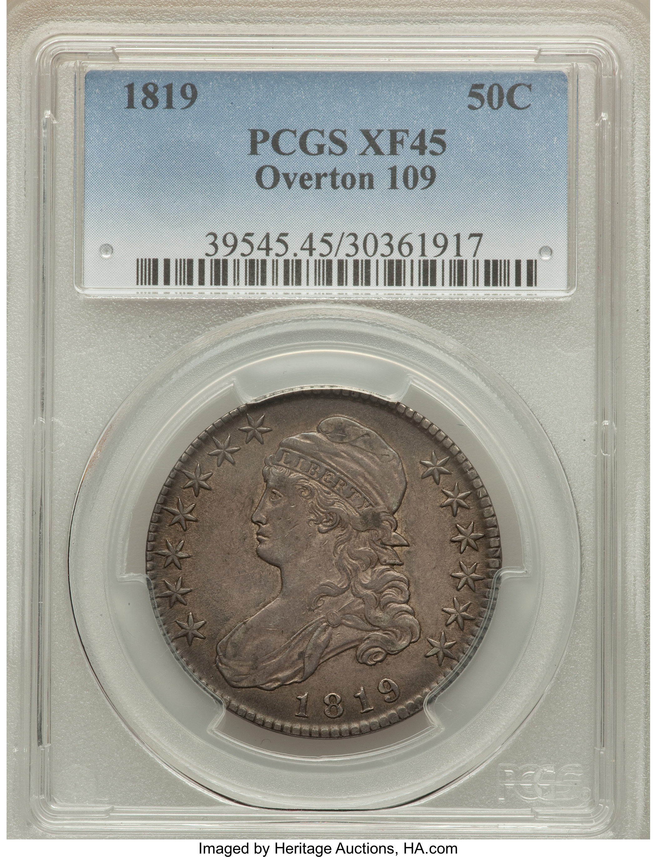 image for: 1819 50C O-109, R.2, XF45 PCGS. PCGS Population (1/8). NGC Census: (3/6). Mintage: 2,208,000. ...