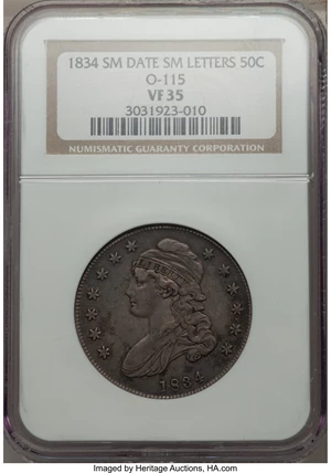 image for: 1834 50C Small Date, Small Letters, O-115, R.2, VF35 NGC. NGC Census: (0/0). PCGS Population (0/0). ...