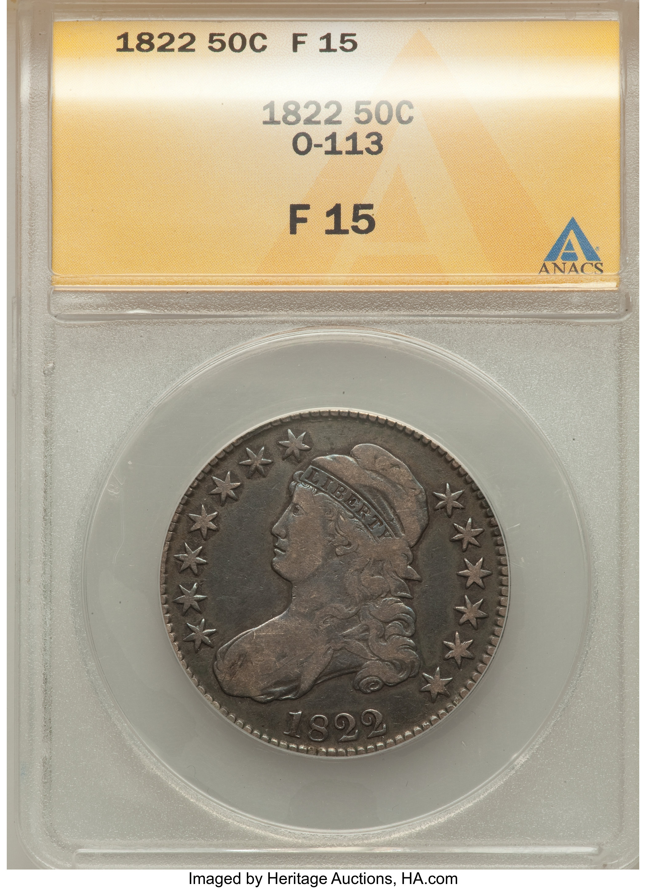 image for: 1822 50C O-113 Fine 15 ANACS. NGC Census: (0/18). PCGS Population (1/9).  ...