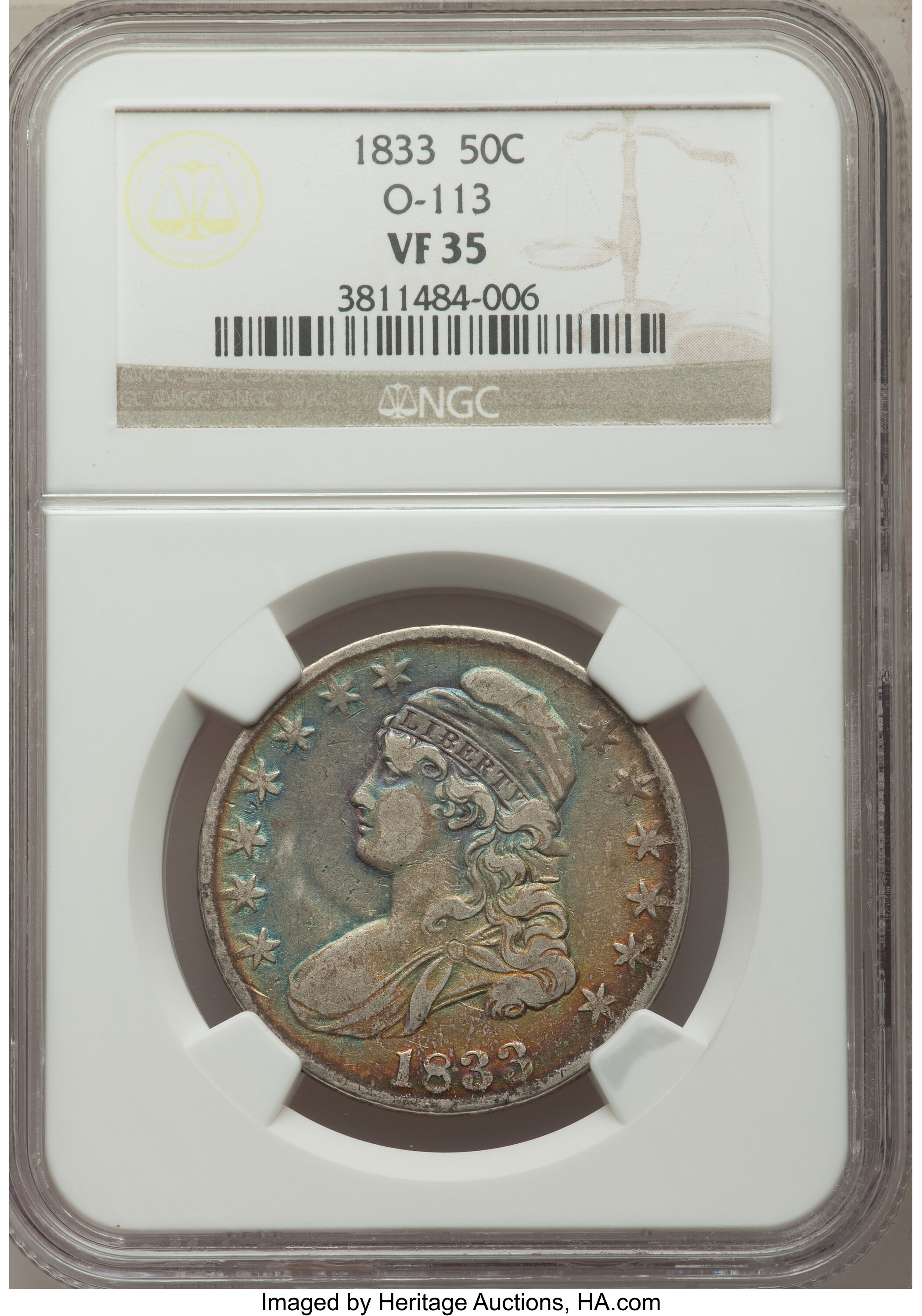 image for: 1833 50C O-113, R.2, VF35 NGC. NGC Census: (3/19). PCGS Population (0/9). Mintage: 5,206,000. ...