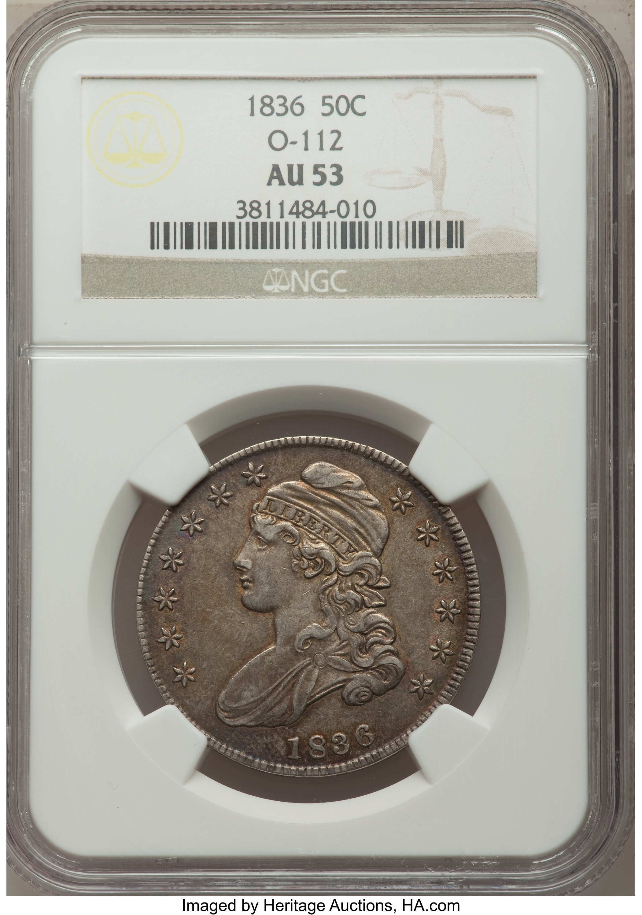 image for: 1836 50C Lettered Edge, O-112, R.1, AU53 NGC. NGC Census: (0/0). PCGS Population (3/7). Mintage: 6,545,000. ...