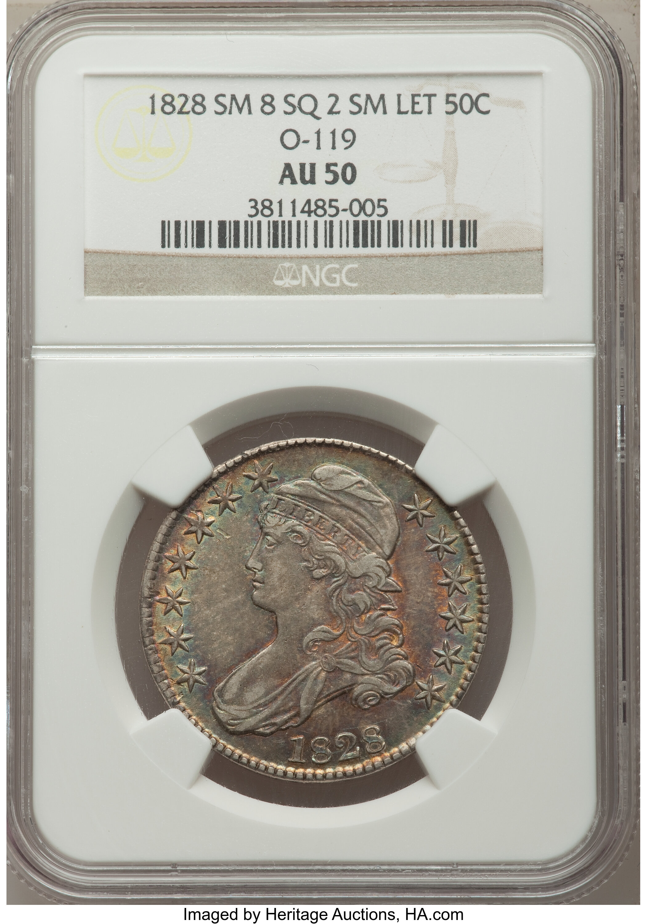 image for: 1828 50C Square Base 2, Small 8s, Small Letters, O-119, R.3, AU50 NGC. NGC Census: (6/12). PCGS Population (0/8).  ...