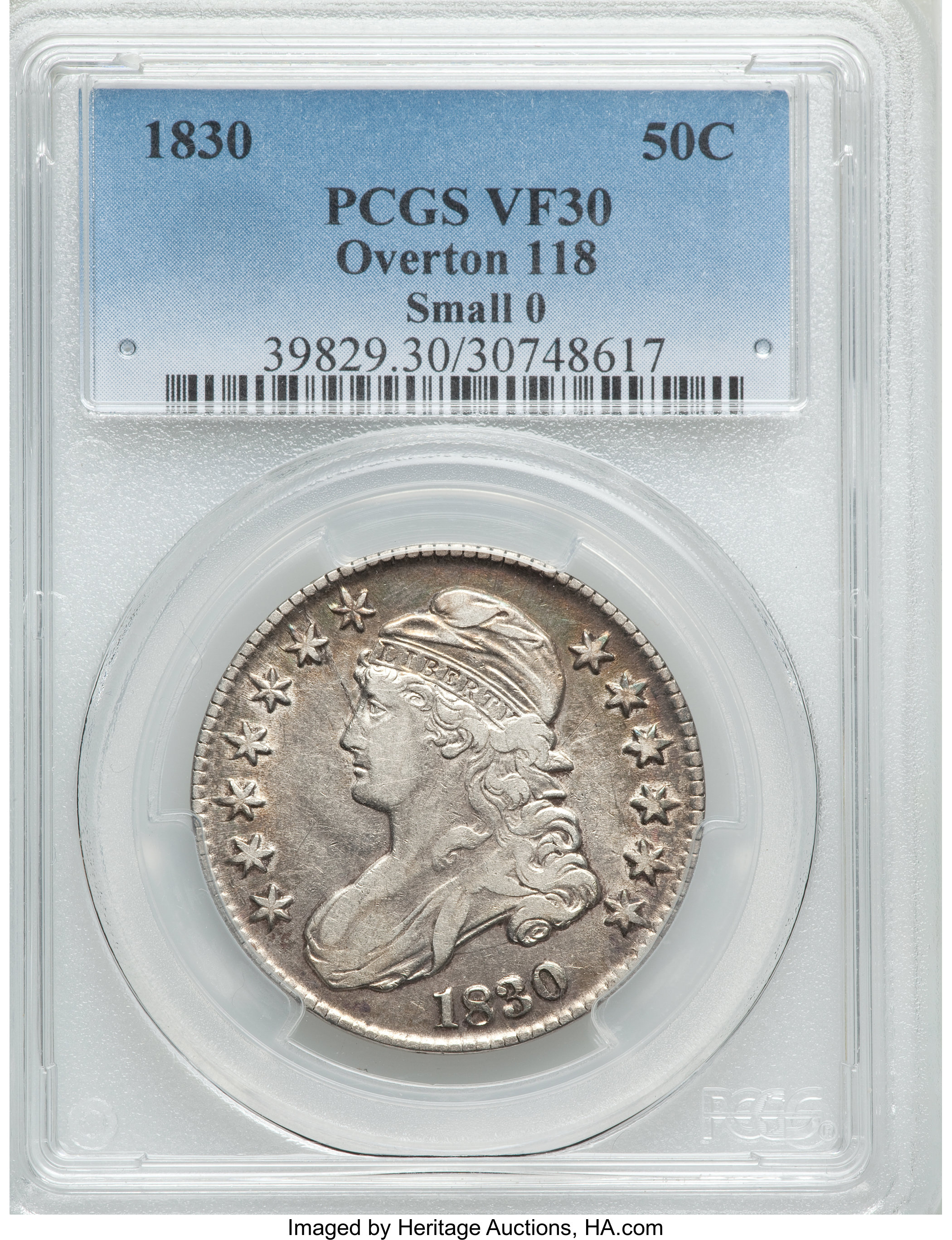 image for: 1830 50C Small 0, O-118, R.3, VF30 PCGS. PCGS Population (2/8). NGC Census: (3/17). Mintage: 4,764,800. ...
