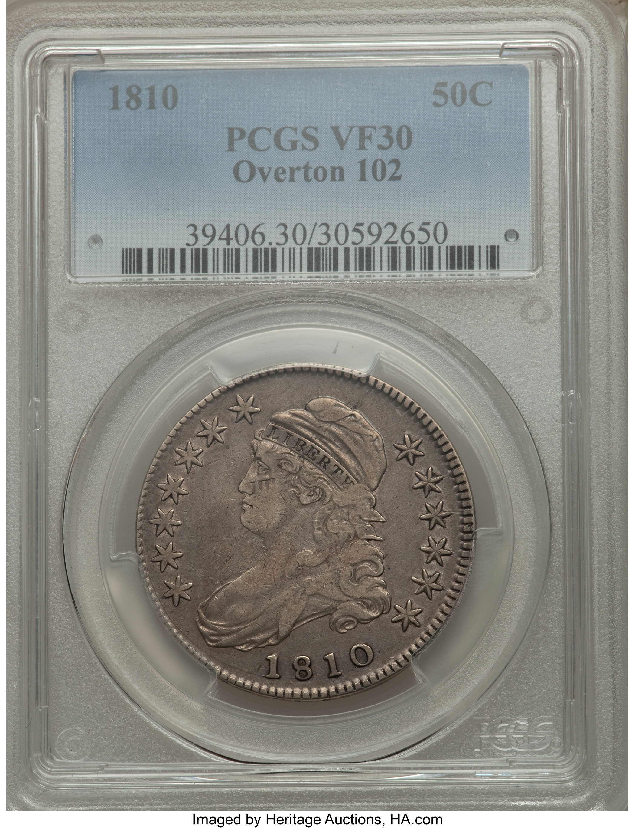 image for: 1810 50C O-102, R.1, VF30 PCGS. PCGS Population (3/7). NGC Census: (1/8). Mintage: 1,276,276. ...
