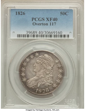 image for: 1826 50C O-117, R.2, XF40 PCGS. PCGS Population (1/9). NGC Census: (1/12). Mintage: 4,000,000. ...