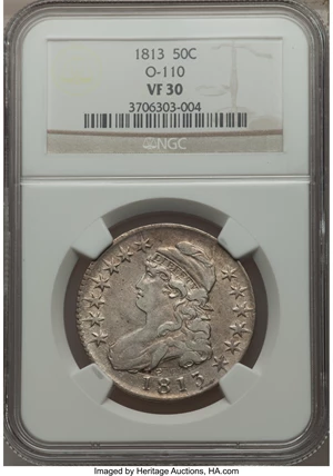 image for: 1813 50C O-110, R.1, VF30 NGC. NGC Census: (2/20). PCGS Population (2/8). Mintage: 1,241,903. ...