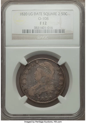 image for: 1820 50C Square Base 2, Large Date, No Knob, O-108, R.2, Fine 12 NGC. NGC Census: (1/37). PCGS Population (1/24). ...