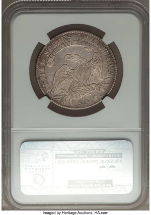 image for: 1820 50C Square Base 2, Large Date, No Knob, O-108, R.2, Fine 12 NGC. NGC Census: (1/37). PCGS Population (1/24). ...