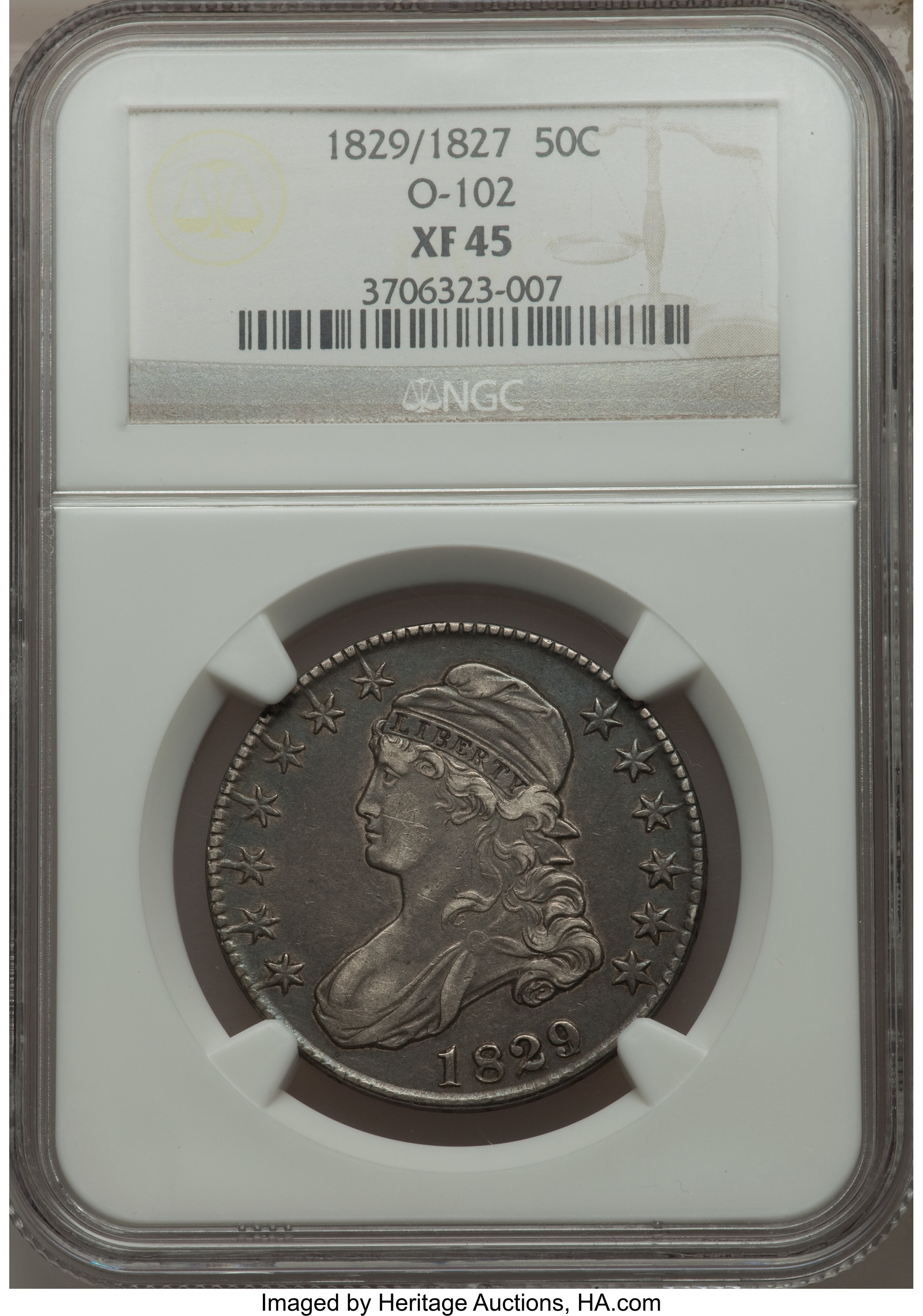 image for: 1829/7 50C O-102, R.2, XF45 NGC. NGC Census: (3/23). PCGS Population (1/10).  ...