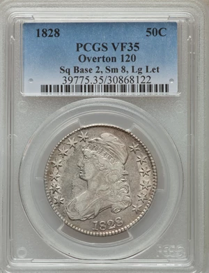 image for: 1828 50C Square Base 2, Small 8s, Large Letters, O-120, R.1, VF35 PCGS. PCGS Population (4/11). NGC Census: (2/17). ...