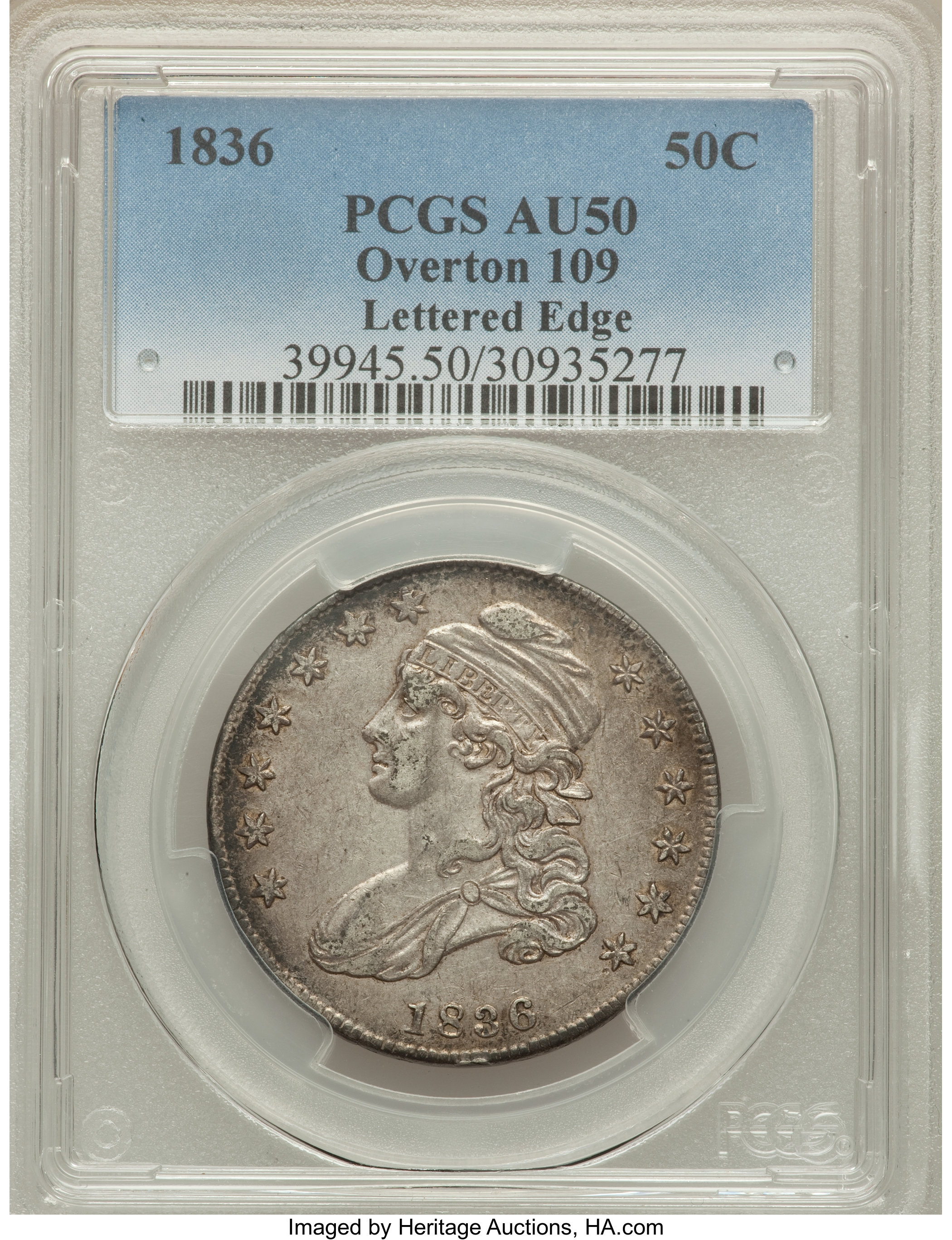 image for: 1836 50C Lettered Edge, O-109, R.3, AU50 PCGS. PCGS Population (2/3). NGC Census: (0/8). Mintage: 6,545,000. ...