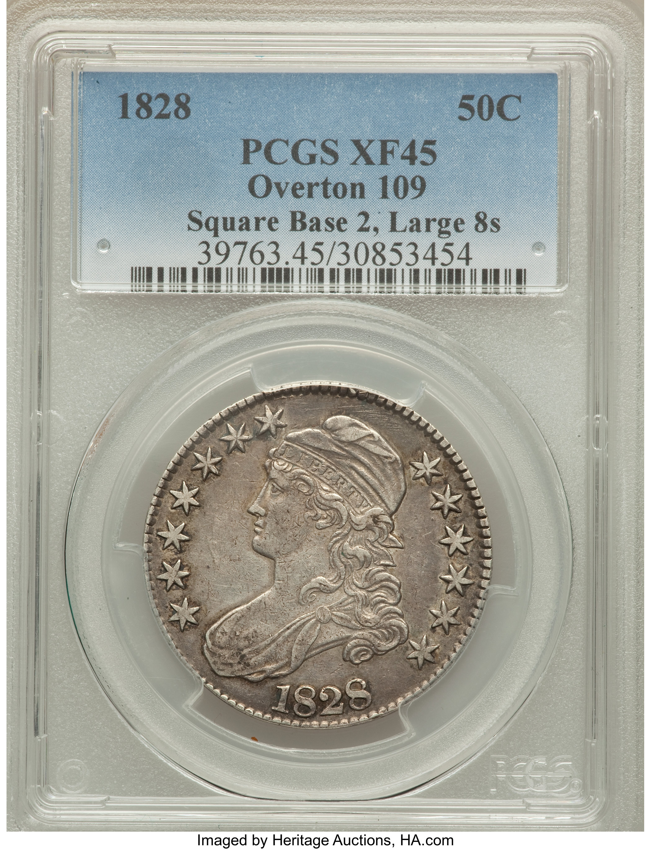 image for: 1828 50C Square Base 2, Large 8s, O-109, R.3, XF45 PCGS. PCGS Population (1/7).  NGC Census: (0/0)....