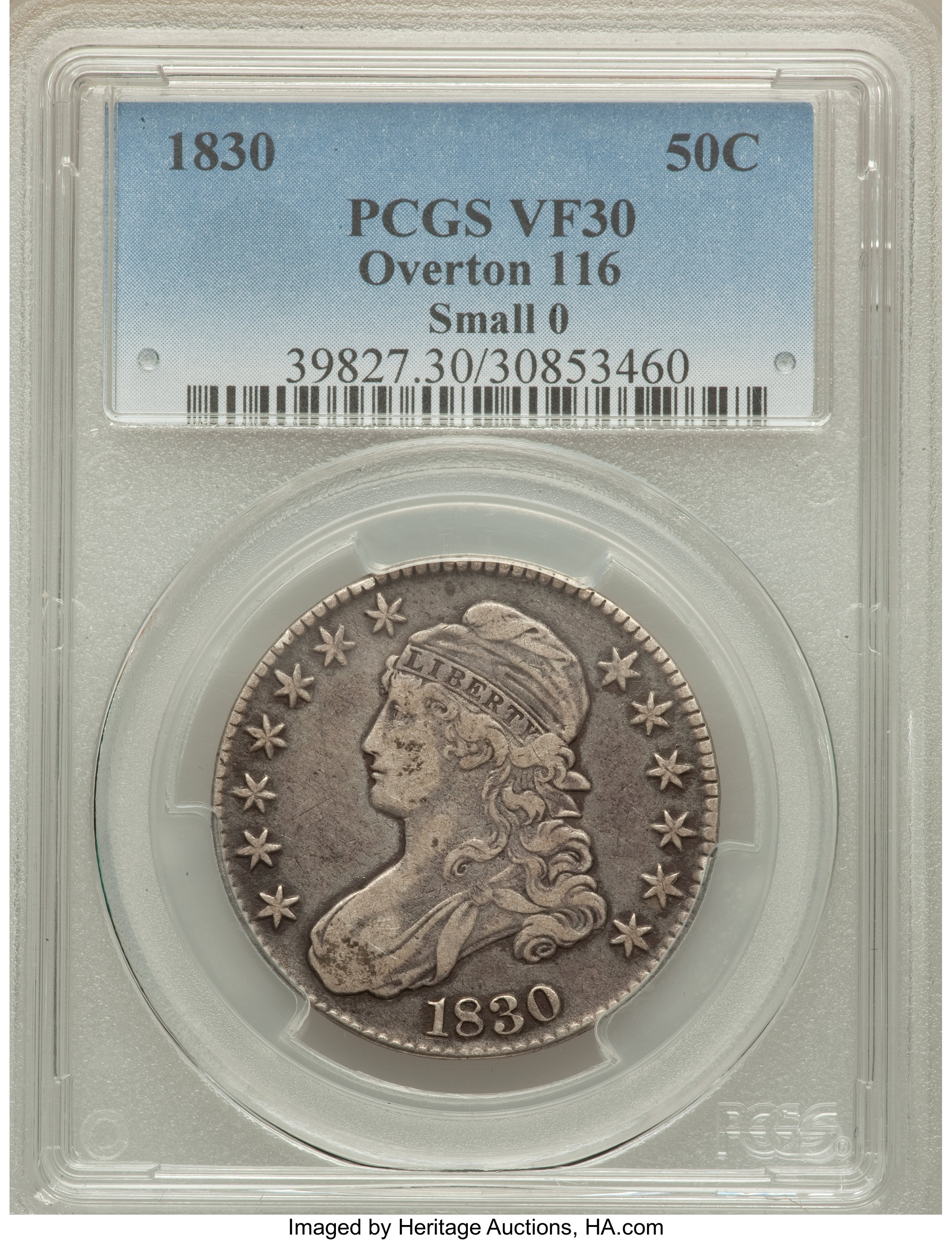 image for: 1830 50C Small 0, O-116, R.2, VF30 PCGS. PCGS Population (2/9). NGC Census: (3/17). Mintage: 4,764,800. ...