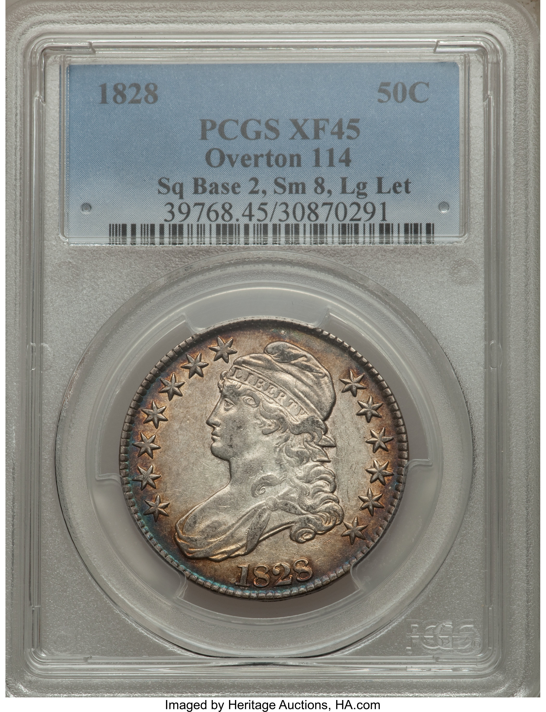 image for: 1828 50C Square Base 2, Small 8s, Large Letters, O-114, R.3, XF45 PCGS. PCGS Population (3/6). NGC Census: (5/8).  ...
