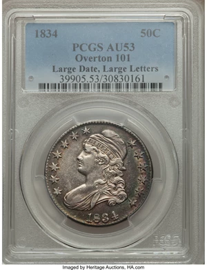 image for: 1834 50C Large Date, Large Letters, O-101, R.1, AU53 PCGS. PCGS Population (4/11). NGC Census: (3/27). Mintage: 6,412,004. ...