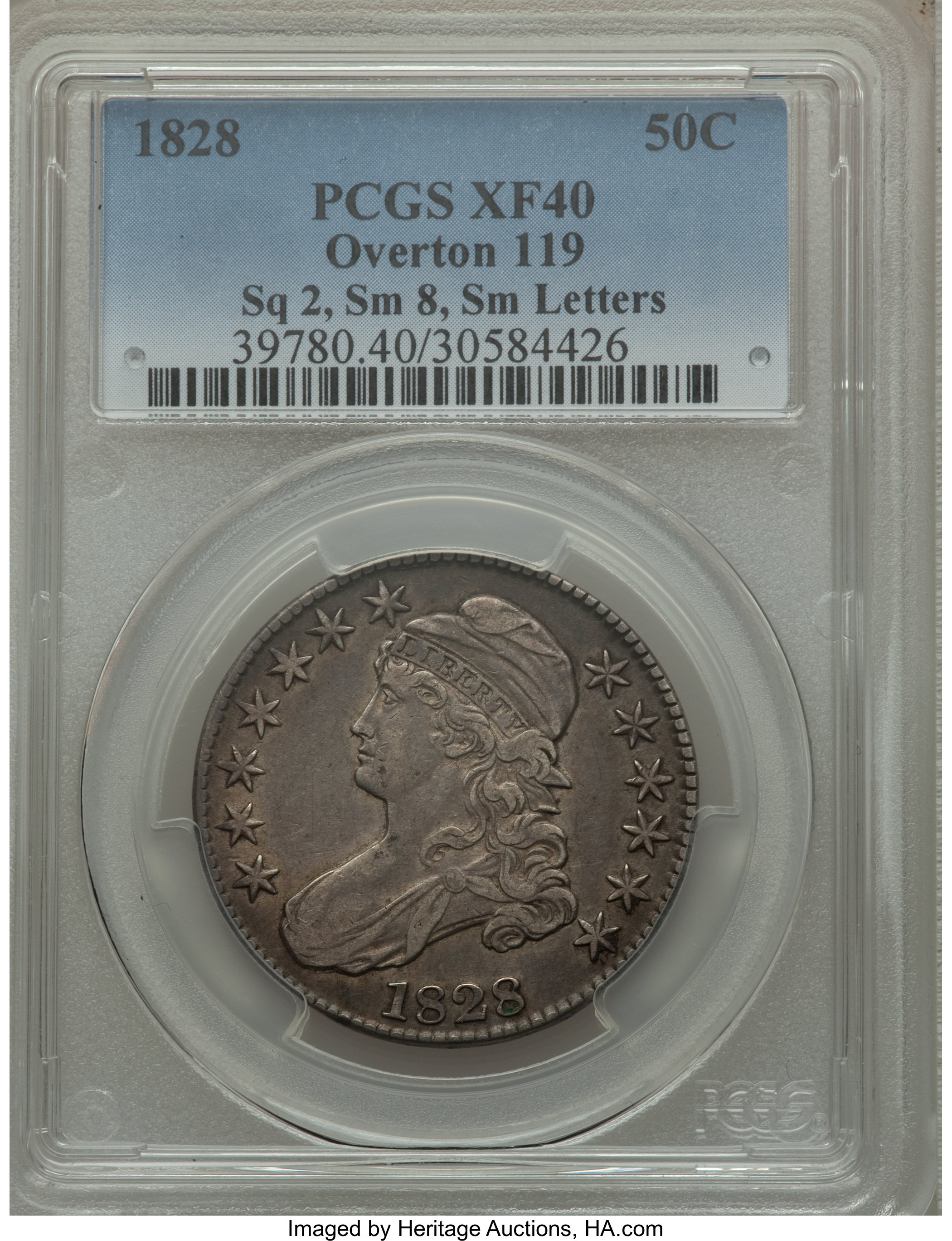 image for: 1828 50C Square Base 2, Small 8s, Small Letters, O-119, R.3, XF40 PCGS. PCGS Population (1/10). NGC Census: (0/24).  ...