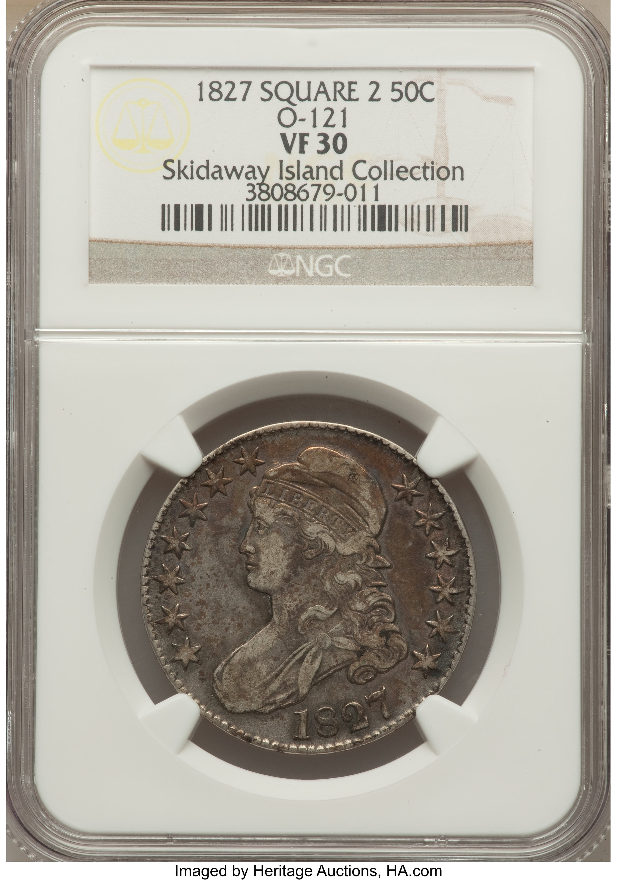 image for: 1827 50C Square Base 2, O-121, R.3, VF30 NGC. Ex: The Skidaway Island Collection. NGC Census: (2/8). PCGS Population (1...