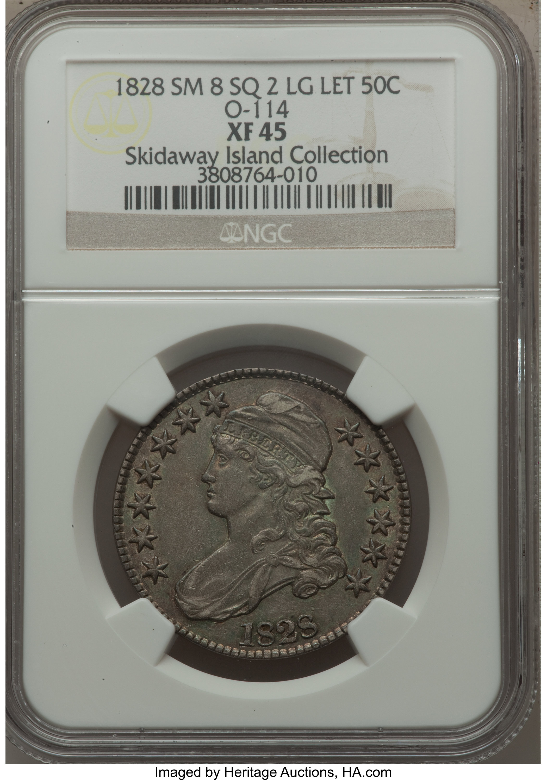 image for: 1828 50C Square Base 2, Small 8s, Large Letters, O-114, R.3, XF45 NGC. Ex: The Skidaway Island Collection. NGC Census: ...