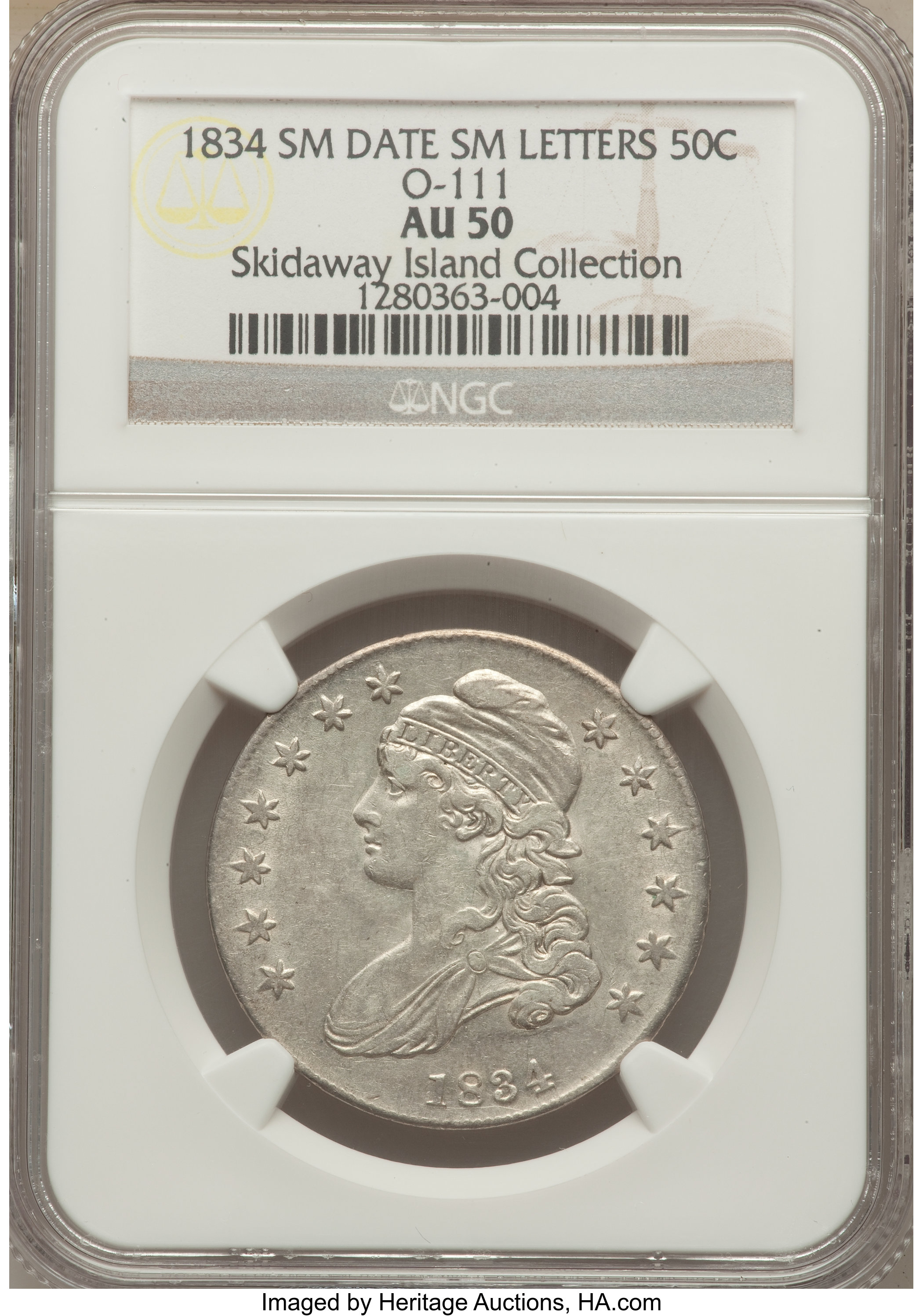 image for: 1834 50C Small Date, Small Letters, O-111, R.1, AU50 NGC. Ex: The Skidaway Island Collection. NGC Census: (0/0). PCGS P...