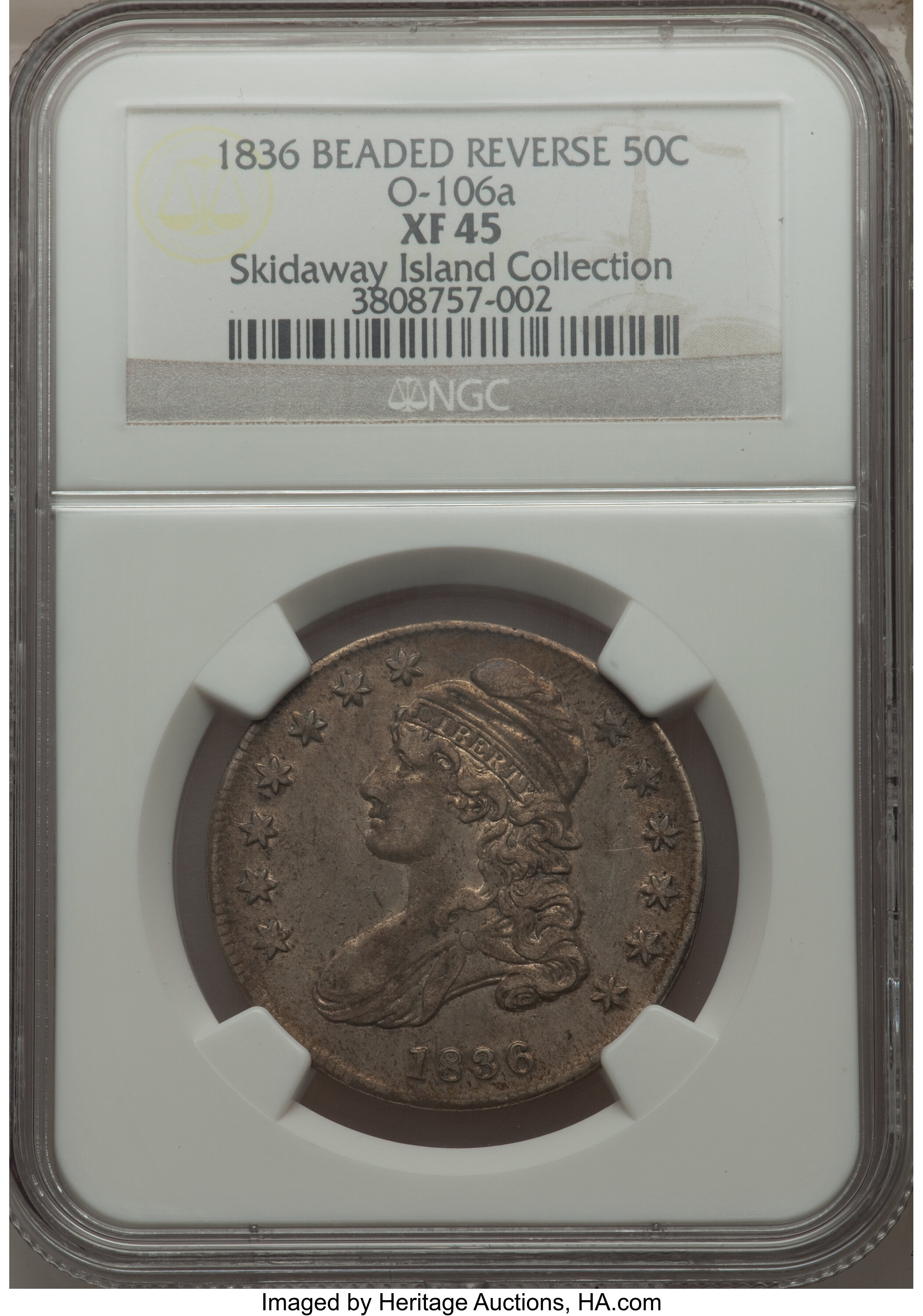 image for: 1836 50C Beaded Reverse, O-106a, R.3, XF45 NGC. Ex: The Skidaway Island Collection. NGC Census: (4/7). PCGS Population ...