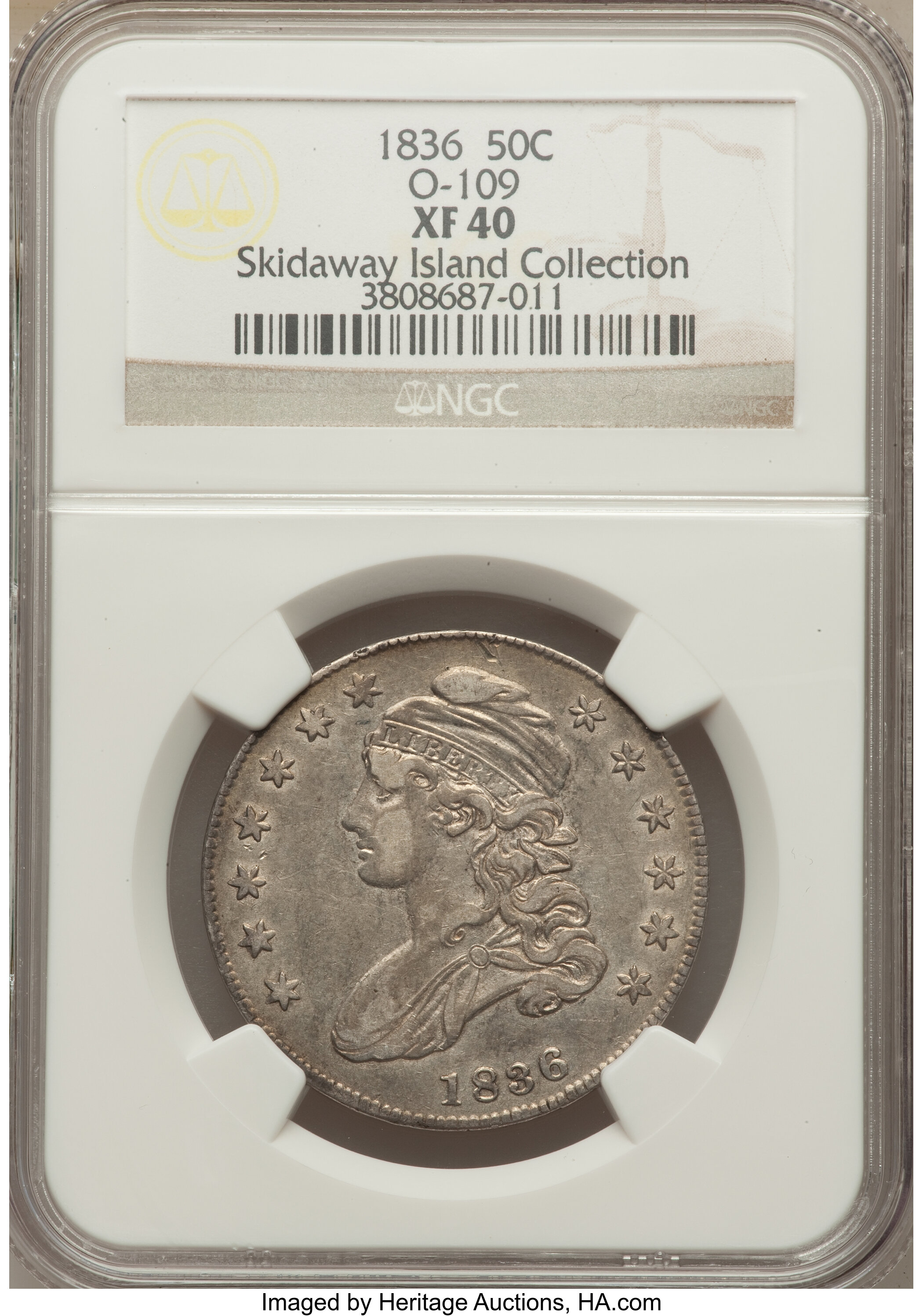 image for: 1836 50C Lettered Edge, O-109, R.3, XF40 NGC. Ex: The Skidaway Island Collection. NGC Census: (3/12). PCGS Population (...