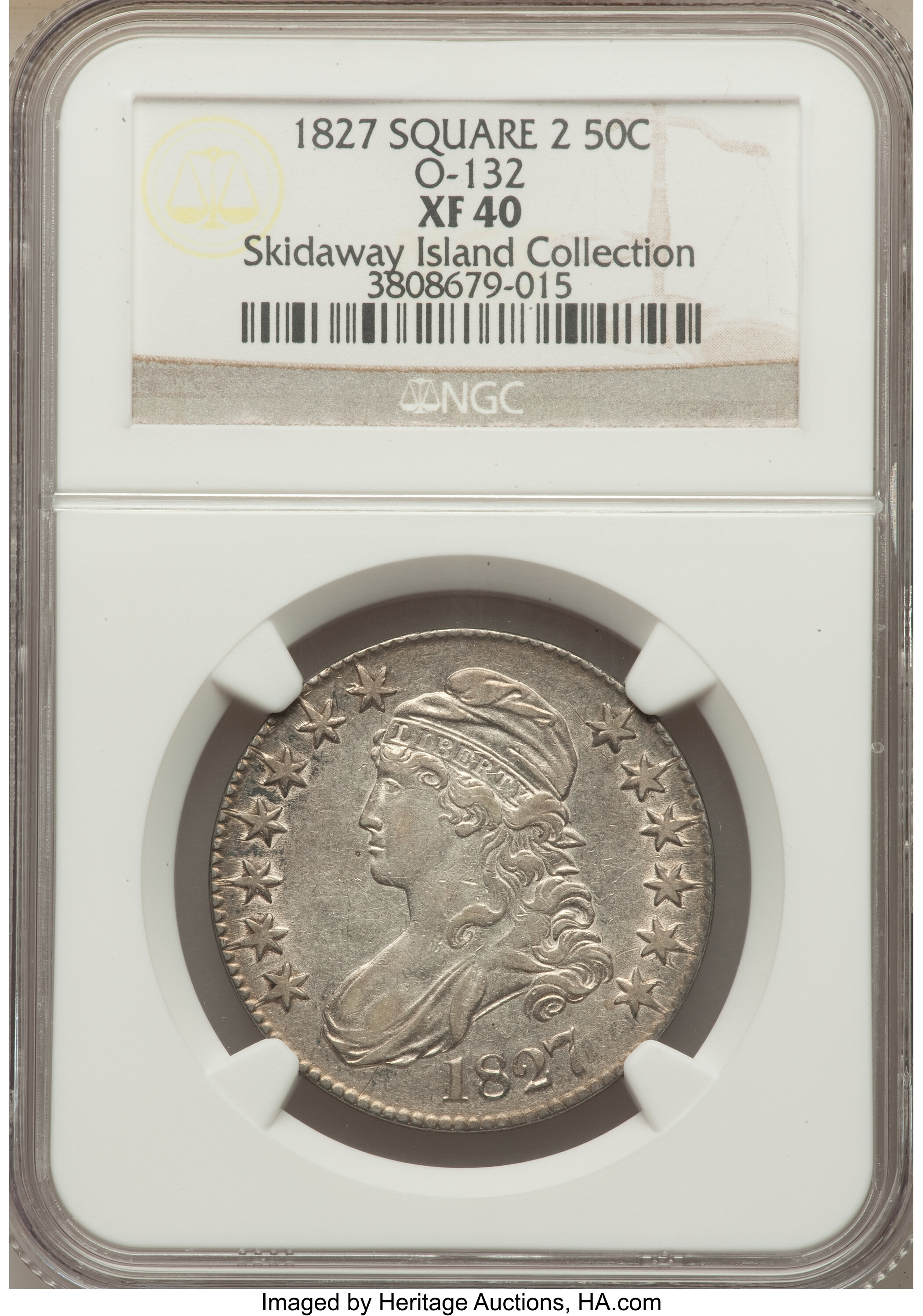 image for: 1827 50C Square Base 2, O-132, R.3, XF40 NGC. Ex: The Skidaway Island Collection. NGC Census: (2/11). PCGS Population (...