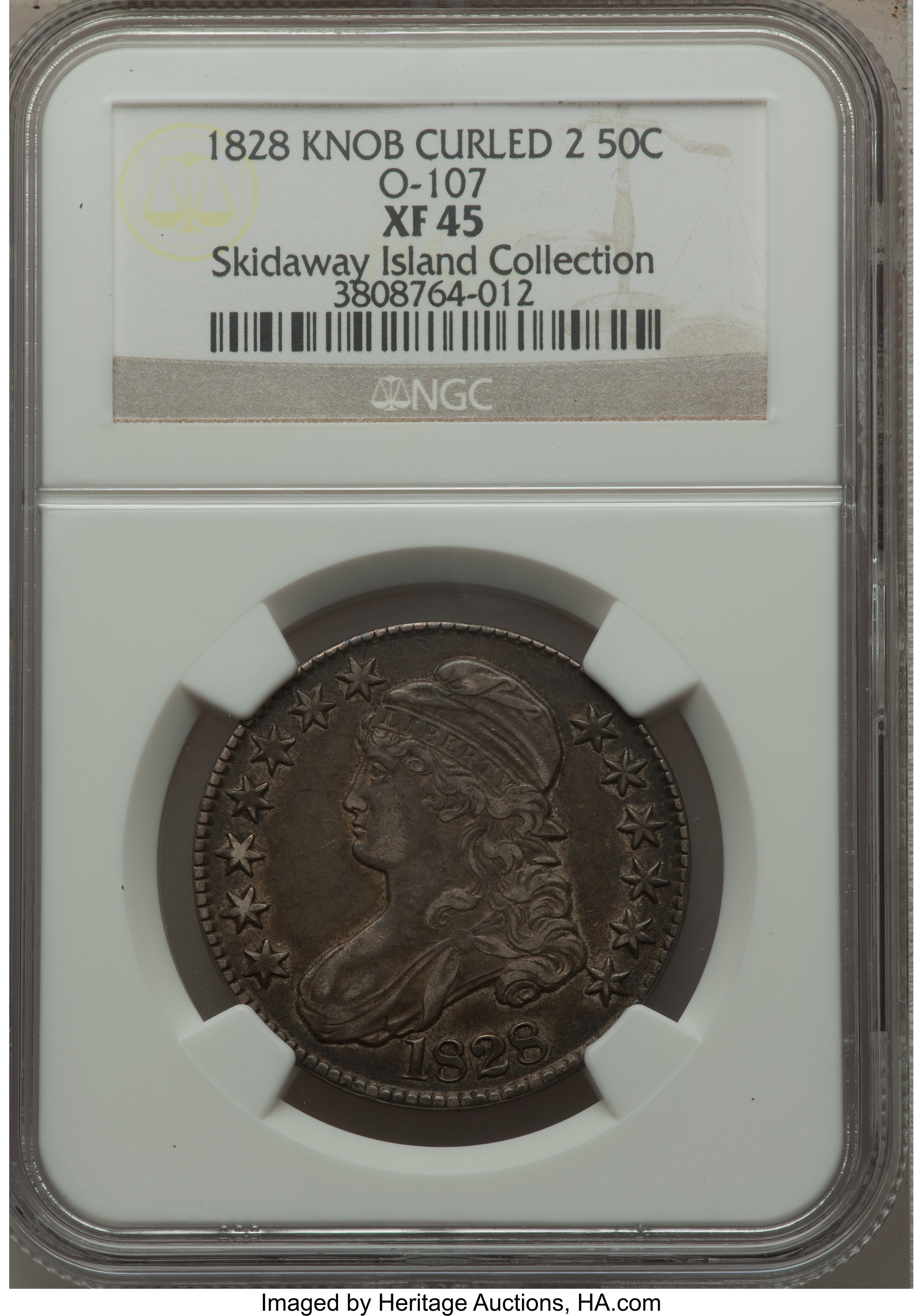 image for: 1828 50C Curl Base 2, Knob, O-107, R.2, XF45 NGC. Ex: The Skidaway Island Collection. NGC Census: (0/0). PCGS Populatio...