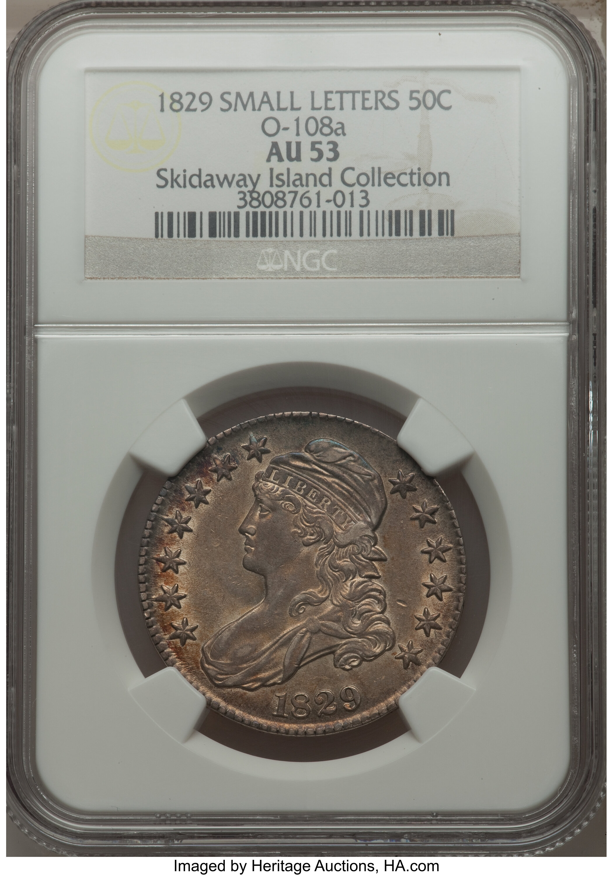 image for: 1829 50C Small Letters, O-108, R.2, AU53 NGC. Ex: The Skidaway Island Collection. NGC Census: (0/0). PCGS Population (1...