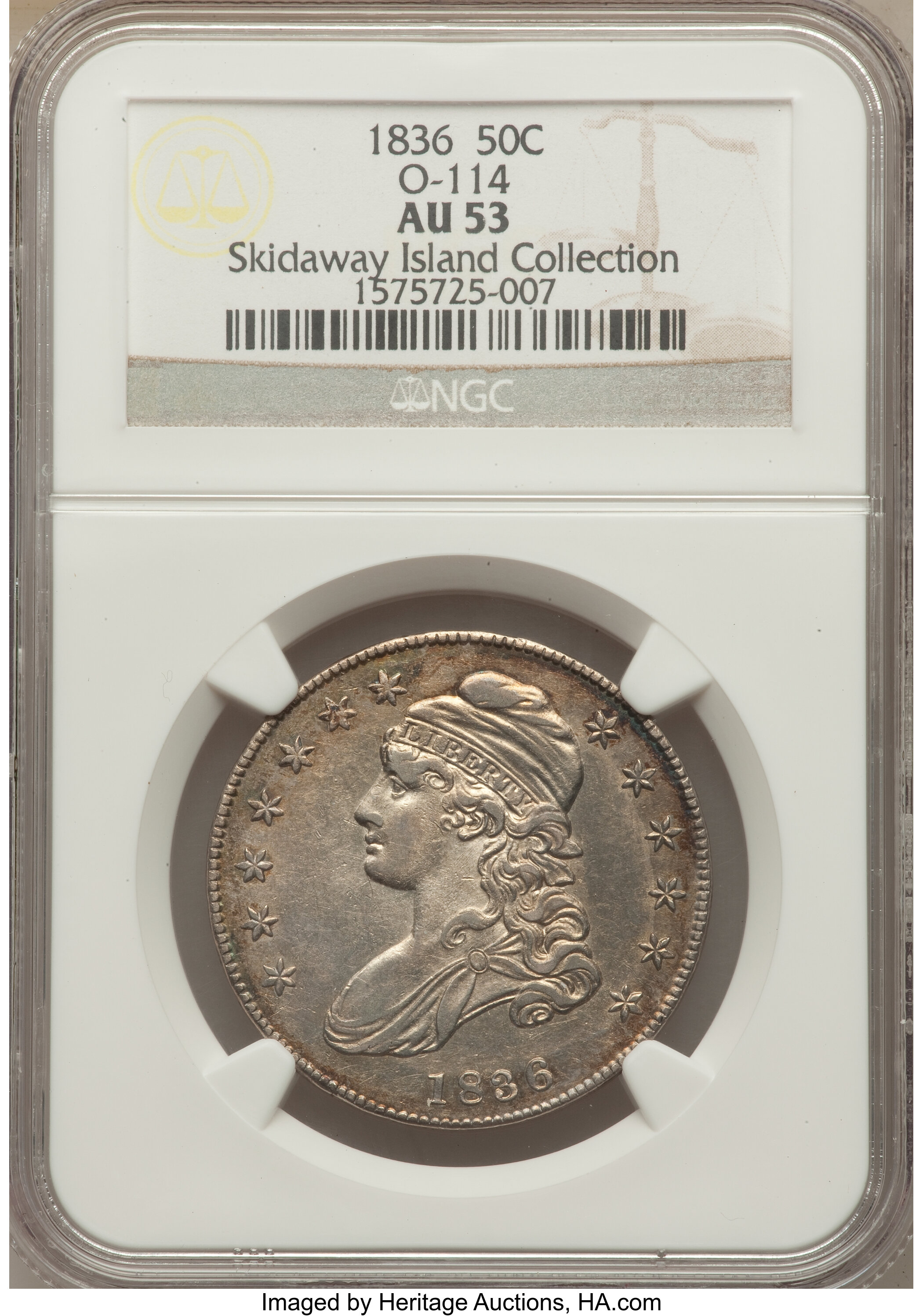 image for: 1836 50C Lettered Edge, O-114, R.2, AU53 NGC. Ex: The Skidaway Island Collection. NGC Census: (3/10). PCGS Population (...