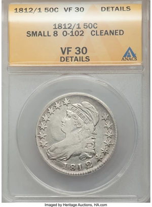 image for: 1812/1 50C Small 8, O-102, R.2, -- Cleaned -- ANACS. VF30 Details. NGC Census: (1/18). PCGS Population (0/18). Mintage: 1,6...