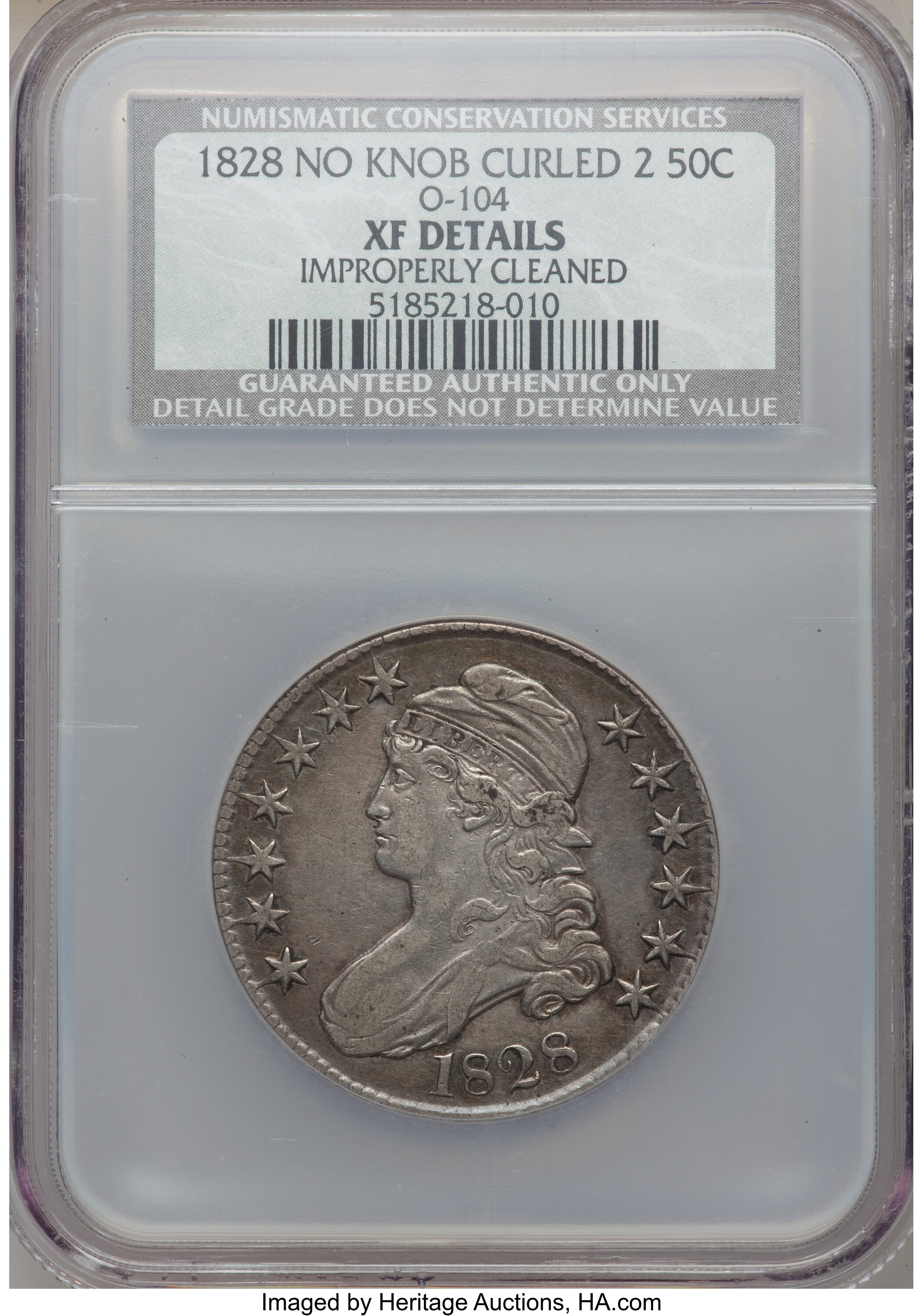 image for: 1828 50C Curl Base 2, No Knob, O-104, R.3, -- Improperly Cleaned -- NCS. XF Details. NGC Census: (0/10). PCGS Population (3...