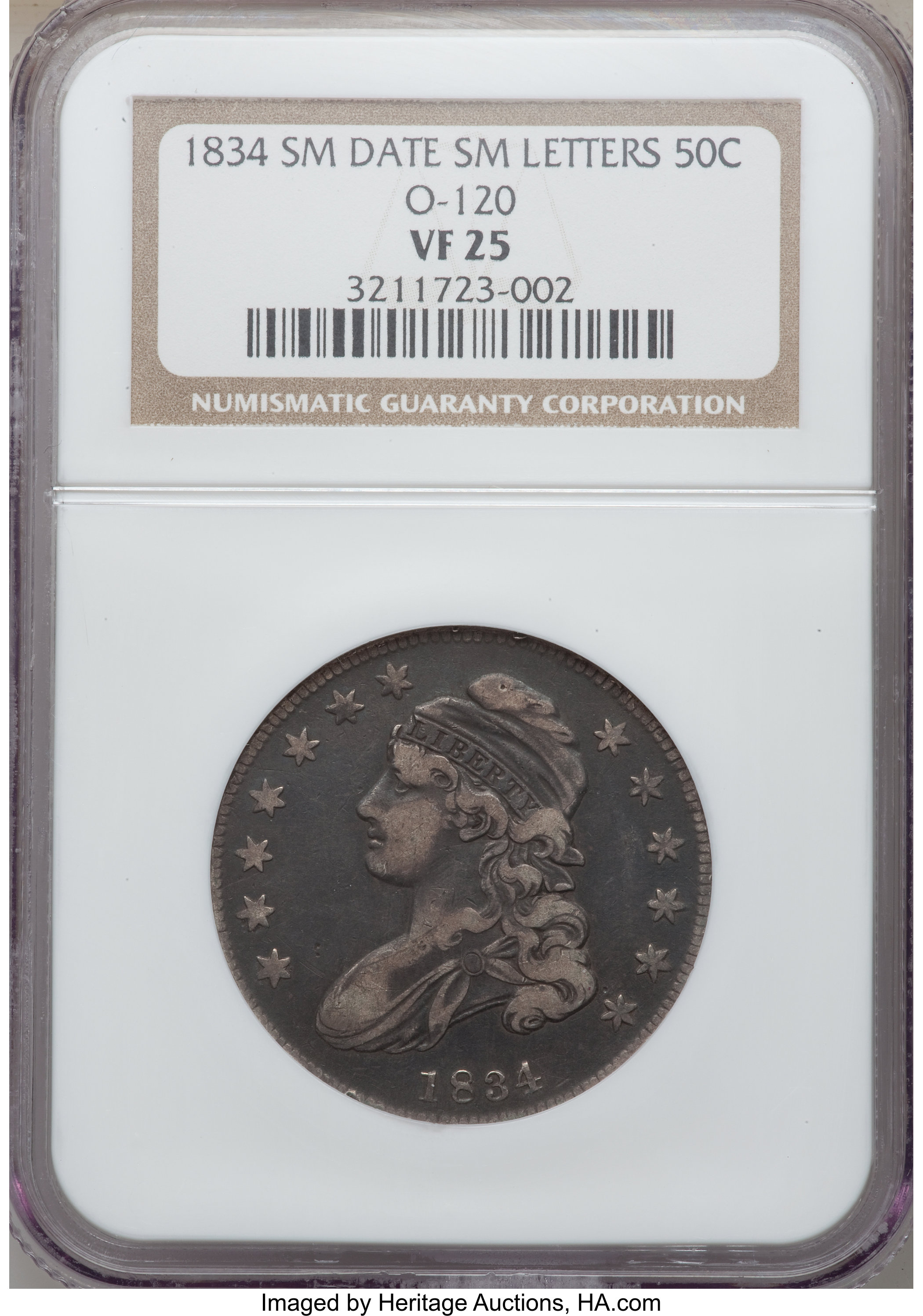 image for: 1834 50C Small Date, Small Letters, O-120, R.4, VF25 NGC. NGC Census: (0/0). PCGS Population (1/15).  ...