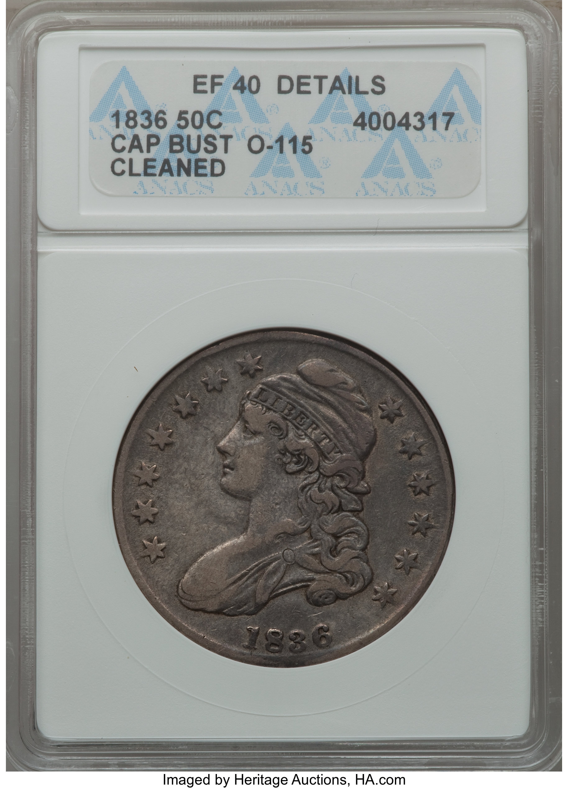 image for: 1836 50C Lettered Edge, O-115, R.3, -- Cleaned -- ANACS. XF40 Details. NGC Census: (2/13). PCGS Population (1/5).  ...