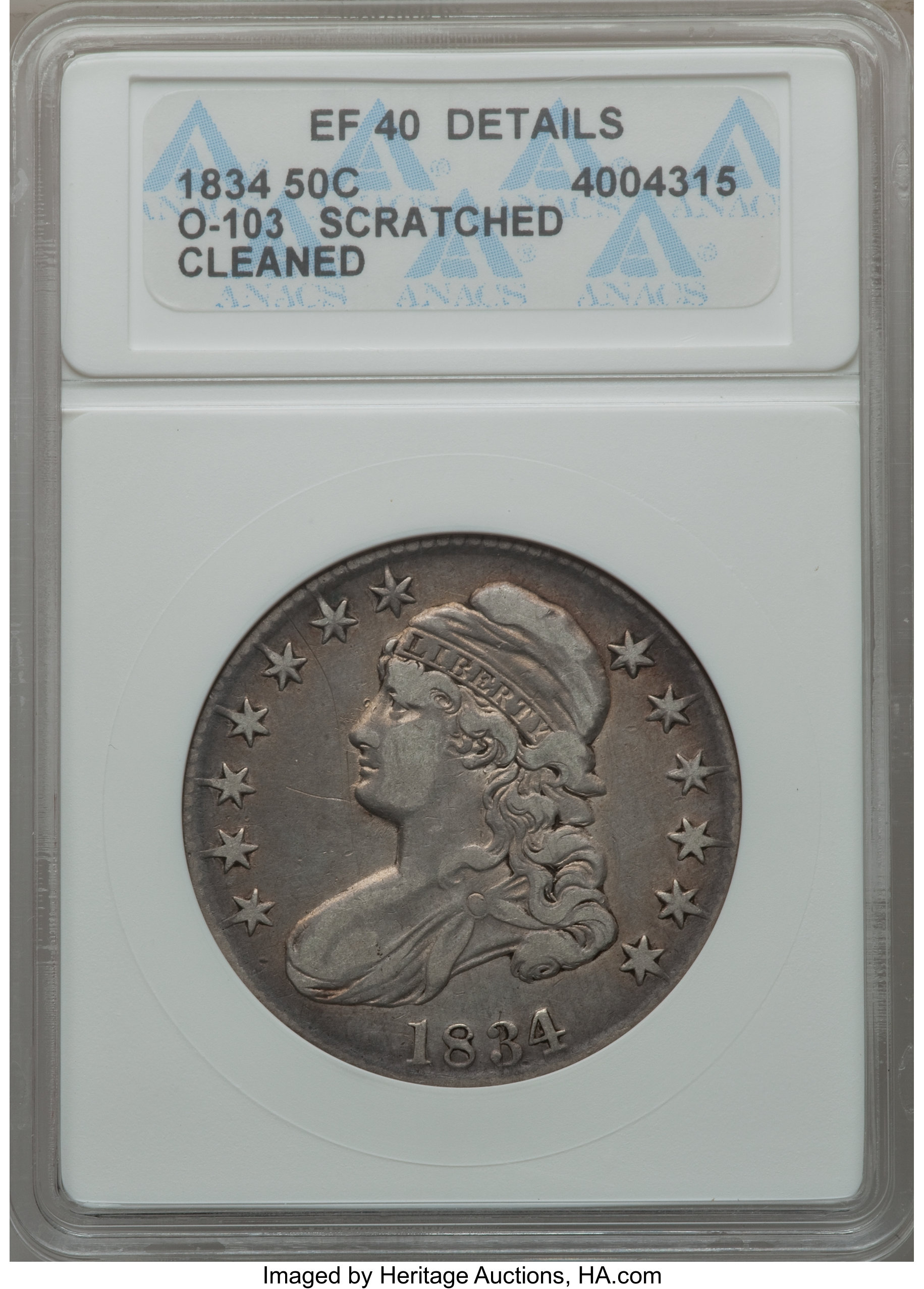 image for: 1834 50C Large Date, Large Letters, O-103, R.2, -- Cleaned, Scratched -- ANACS. XF40 Details. NGC Census: (3/34). PCGS Popu...