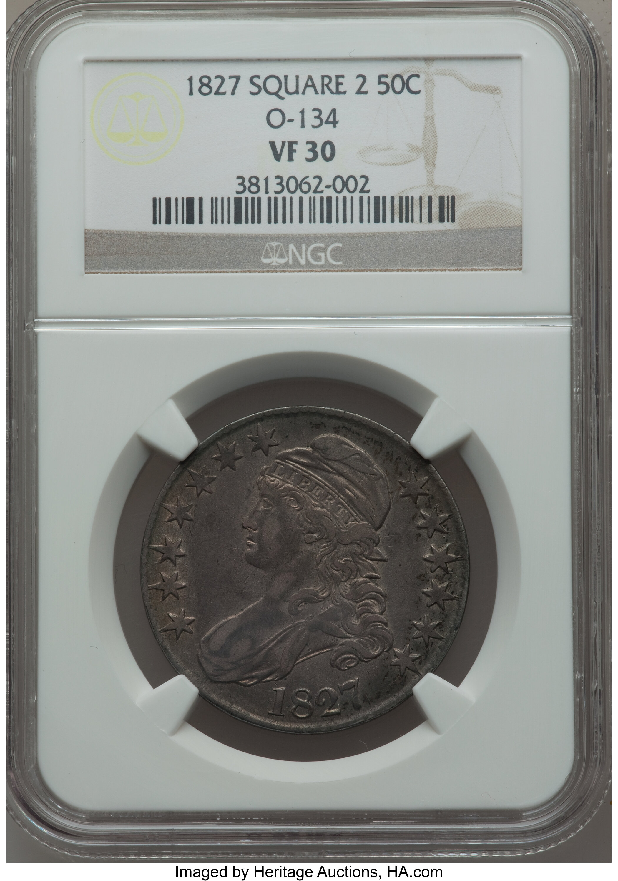 image for: 1827 50C Square Base 2, O-134, R.4, VF30 NGC. NGC Census: (2/15). PCGS Population (4/15). Mintage: 5,493,400. ...