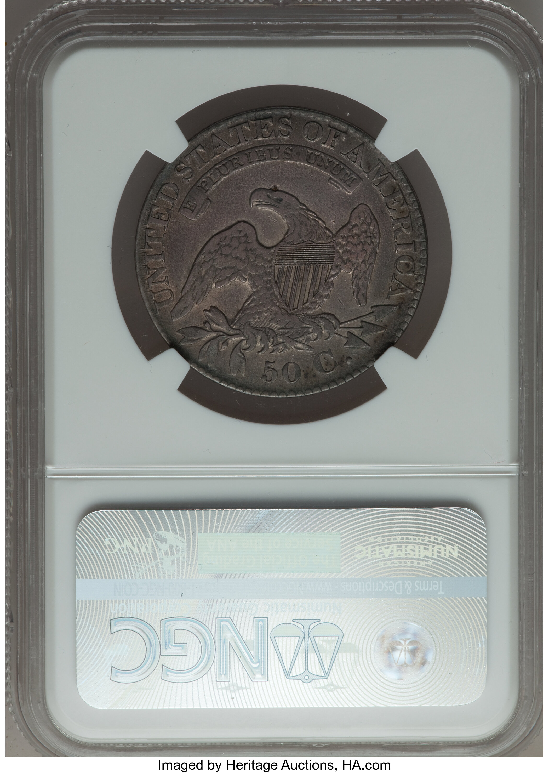 image for: 1827 50C Square Base 2, O-134, R.4, VF30 NGC. NGC Census: (2/15). PCGS Population (4/15). Mintage: 5,493,400. ...