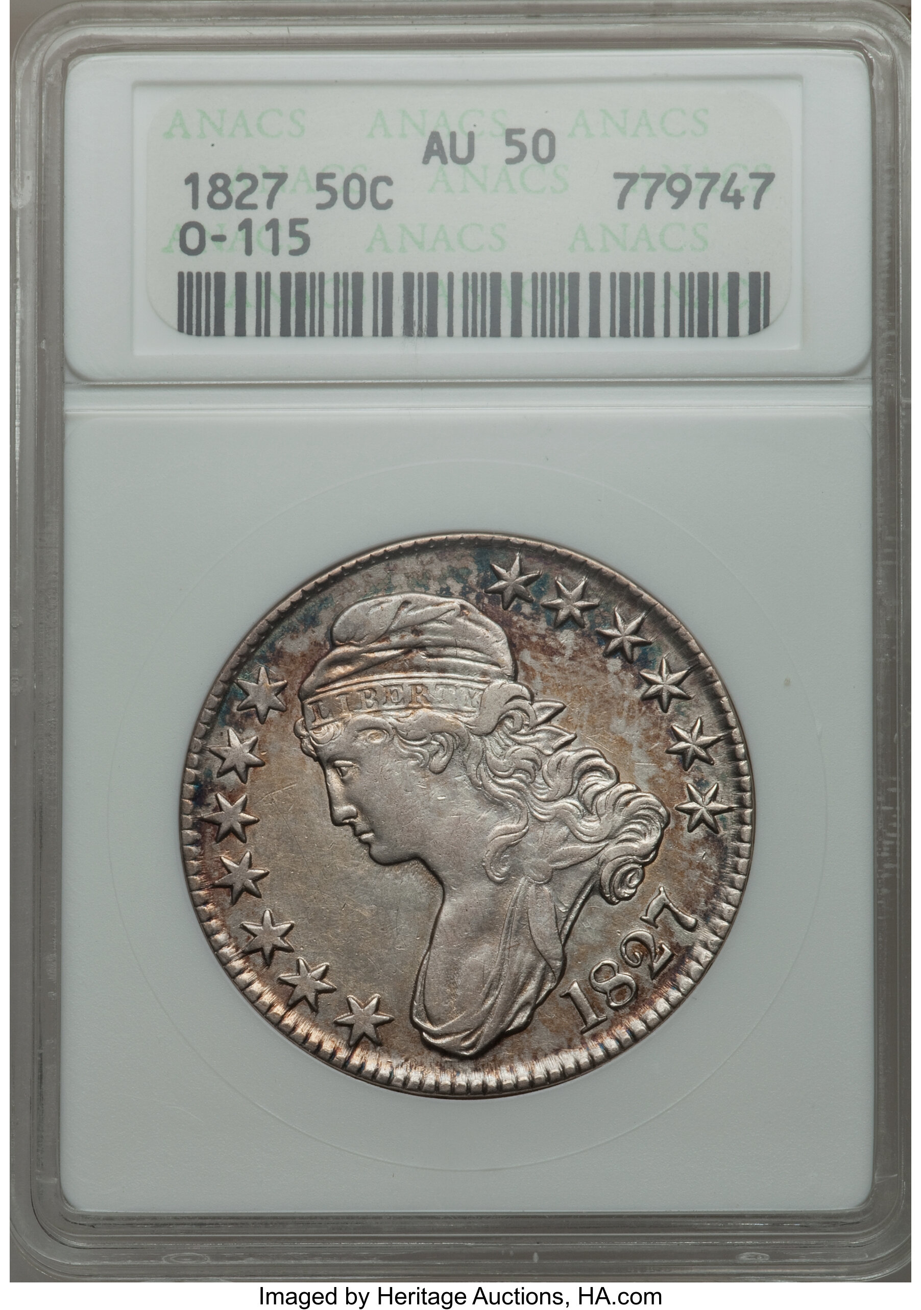 image for: 1827 50C Square Base 2, O-115, R.2, AU50 ANACS. NGC Census: (2/12). PCGS Population (2/5). Mintage: 5,493,400....