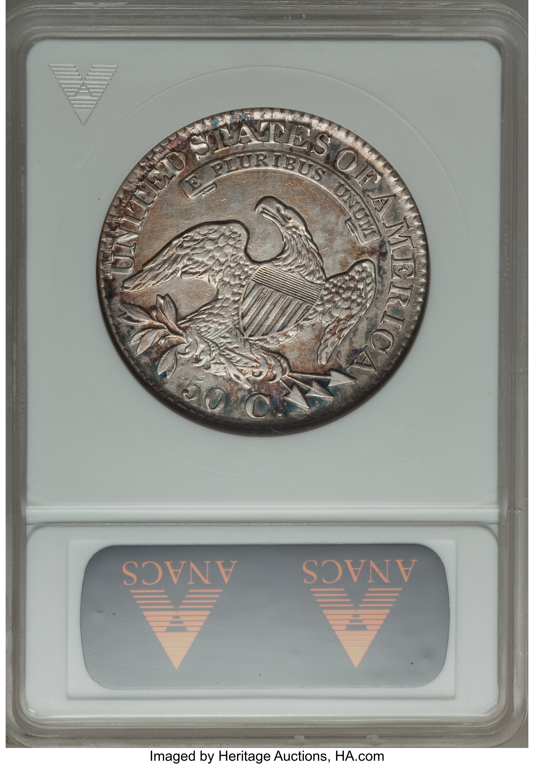 image for: 1827 50C Square Base 2, O-115, R.2, AU50 ANACS. NGC Census: (2/12). PCGS Population (2/5). Mintage: 5,493,400....