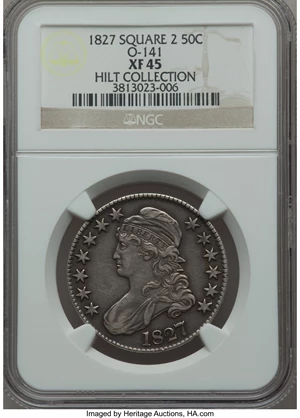image for: 1827 50C Square Base 2, O-141, R.3, XF45 NGC. Ex: Hilt Collection. NGC Census: (4/13). PCGS Population (1/6). Mintage: 5,49...