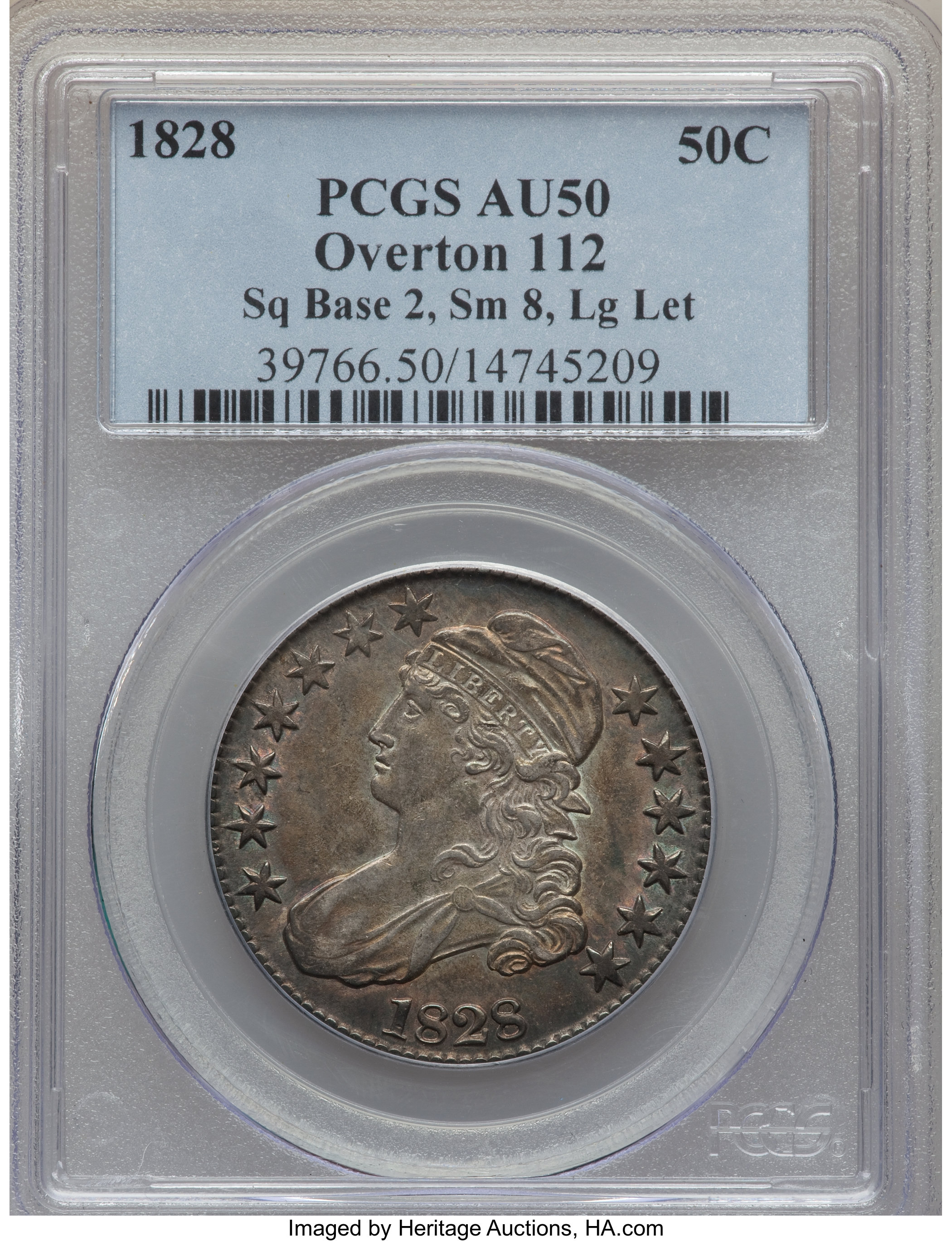 image for: 1828 50C Square Base 2, Small 8s, Large Letters, O-112, R.3, AU50 PCGS. PCGS Population (1/5). NGC Census: (1/7).  ...