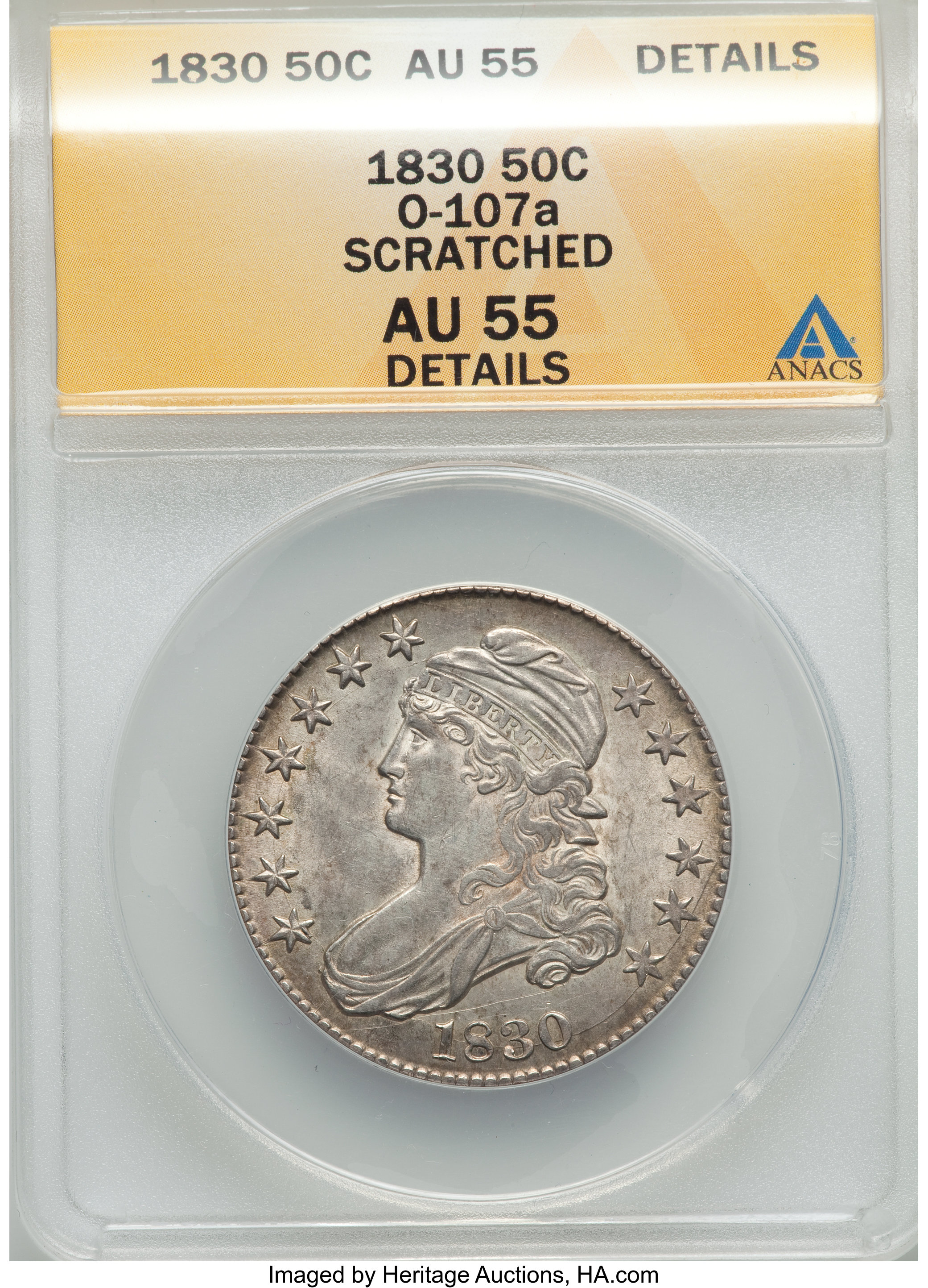 image for: 1830 50C Small 0, O-107a, R.2, -- Scratched -- ANACS. AU55 Details. NGC Census: (2/5). PCGS Population (0/3). Mintage: 4,76...
