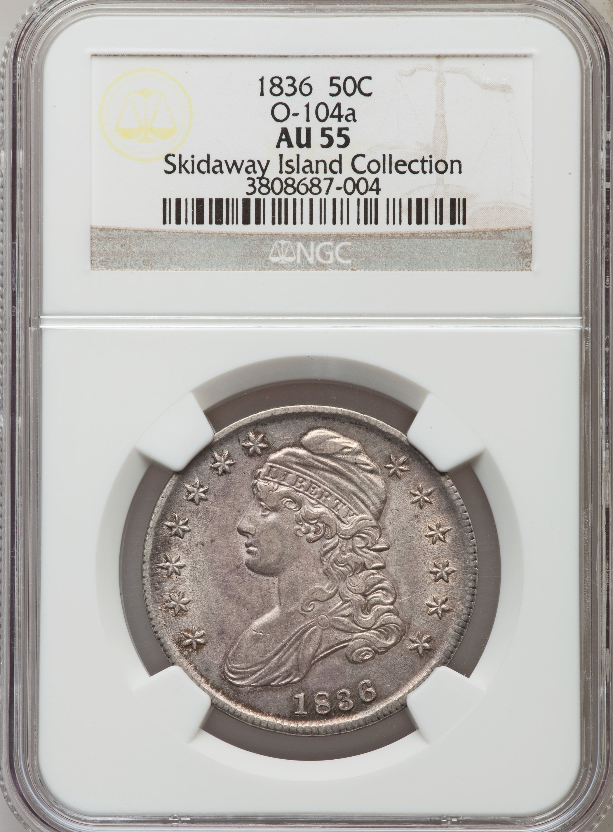 image for: 1836 50C Lettered Edge, O-104a, R.3, AU55 NGC. Ex: Skidaway Island Collection. NGC Census: (0/0). PCGS Population (0/0). Mi...