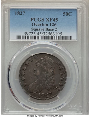 image for: 1827 50C Square Base 2, O-126, R.2, XF45 PCGS. PCGS Population (5/8). NGC Census: (2/7). Mintage: 5,493,400. ...