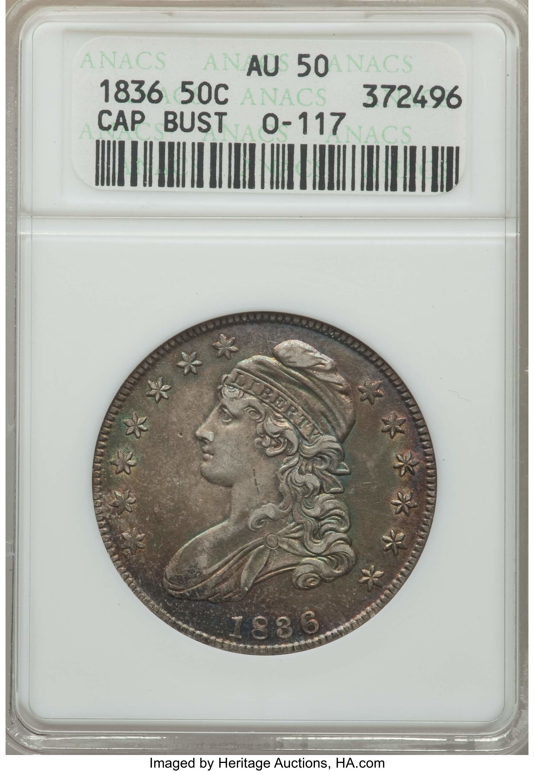 image for: 1836 50C Lettered Edge, O-117, R.3, AU50 ANACS. NGC Census: (1/13). PCGS Population: (2/6). CDN: $300 Whsle. Bid for proble...